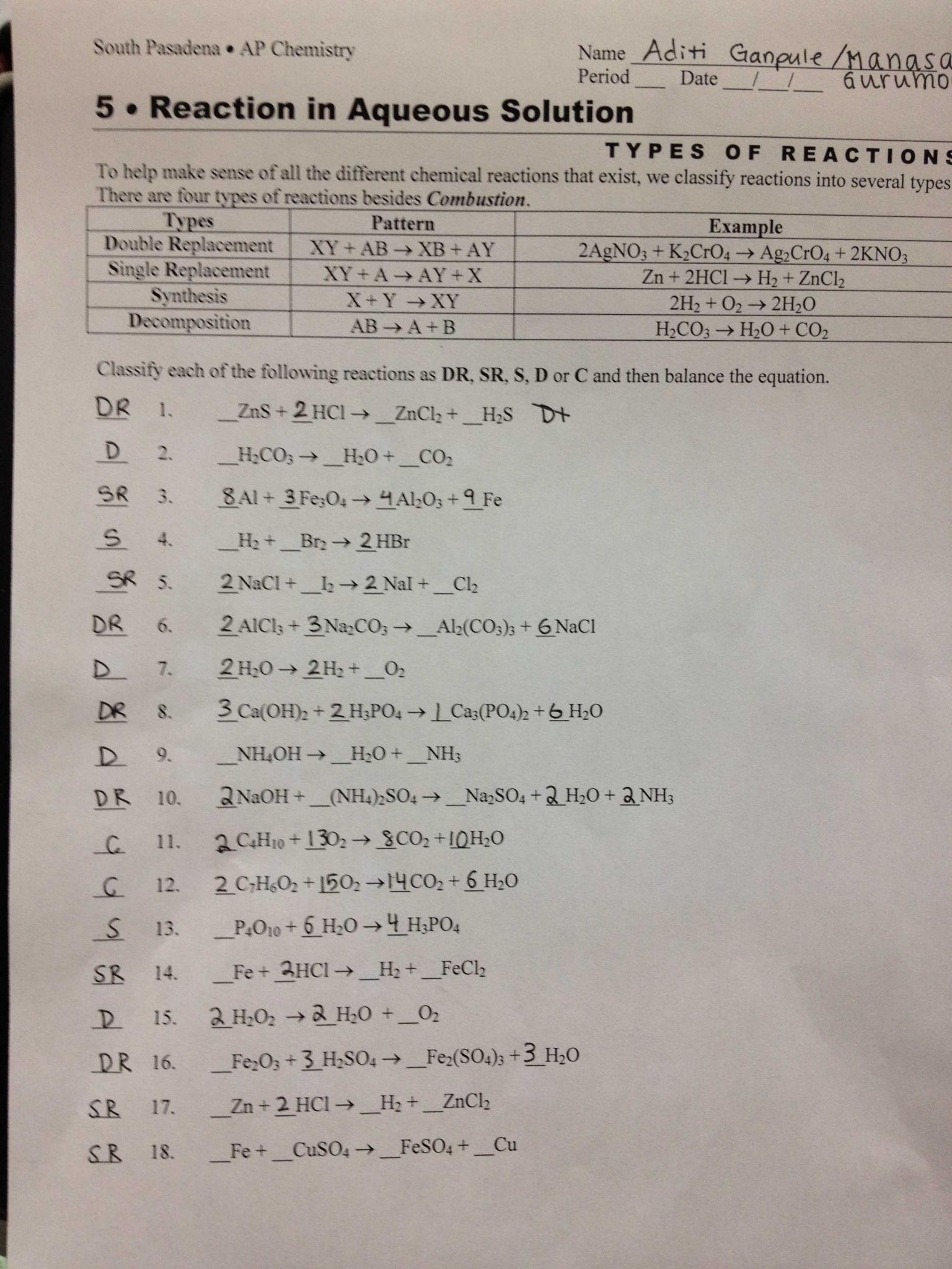 Balancing Chemical Reactions Worksheet Answers as Well as Types Reactions Worksheet Doc