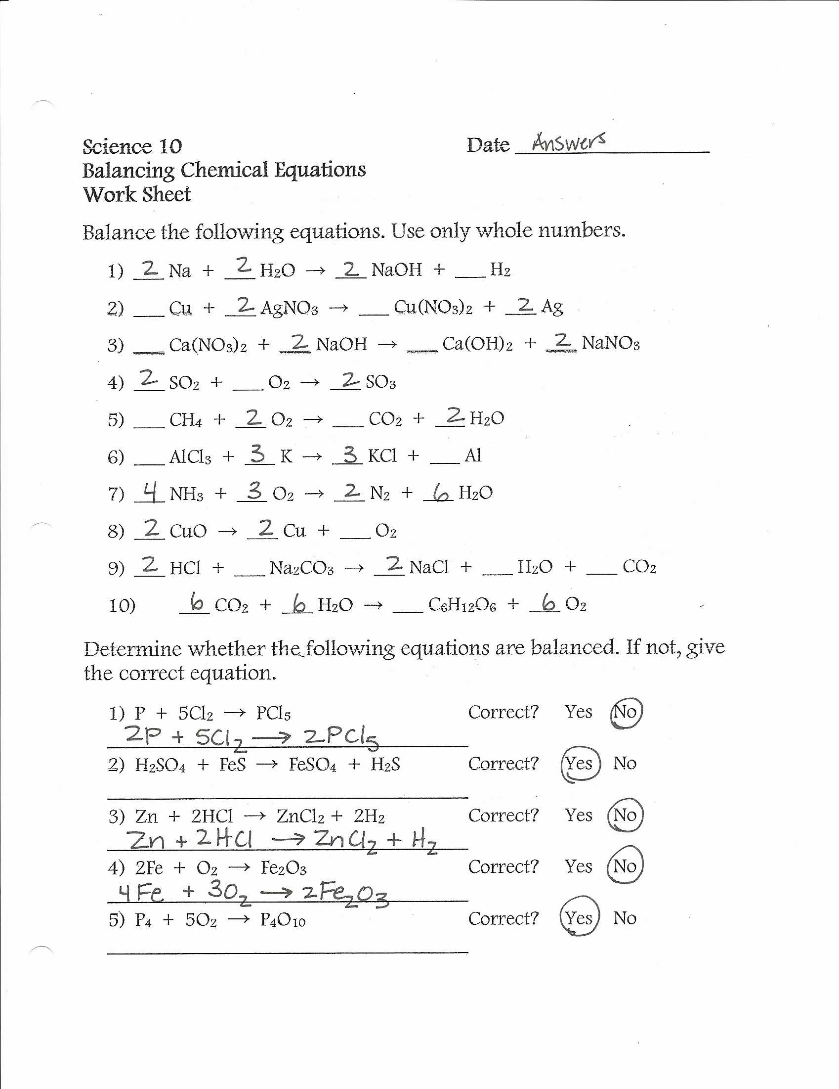 Balancing Chemical Reactions Worksheet Answers with Chemistry Balancing Chemical Equations Worksheet Answer Key Periodic