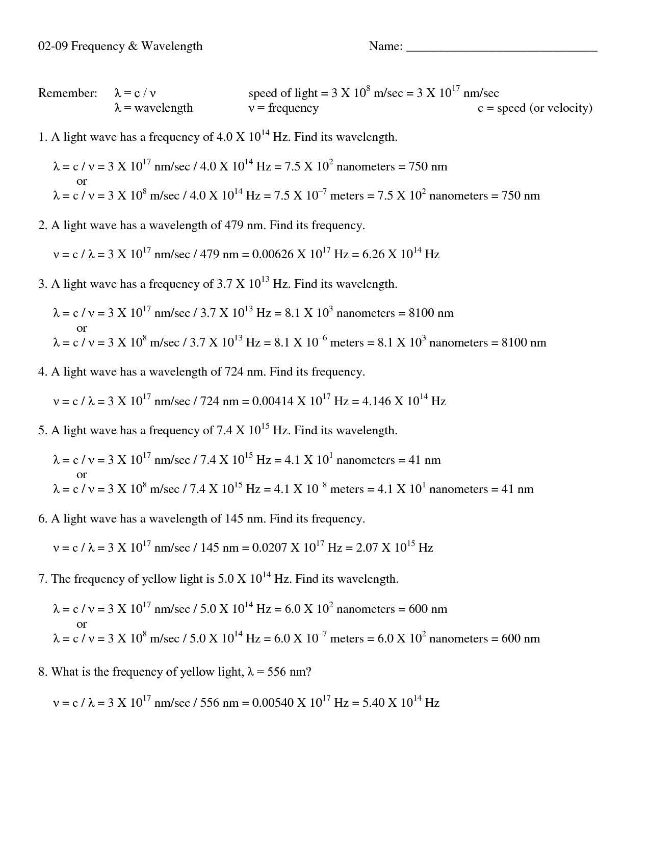 Bill Nye Light Optics Worksheet Answers Along with Wavelength Frequency and Energy Worksheet Fresh 117 Best Physics