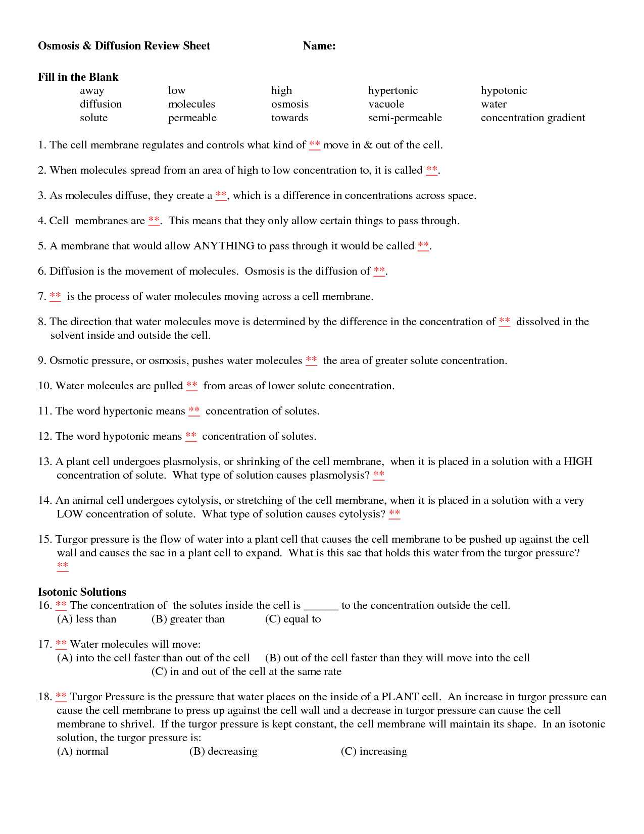 Cellular Transport Worksheet Answer Key and 32 tonicity and Osmosis Worksheet Cell Membrane and tonicity