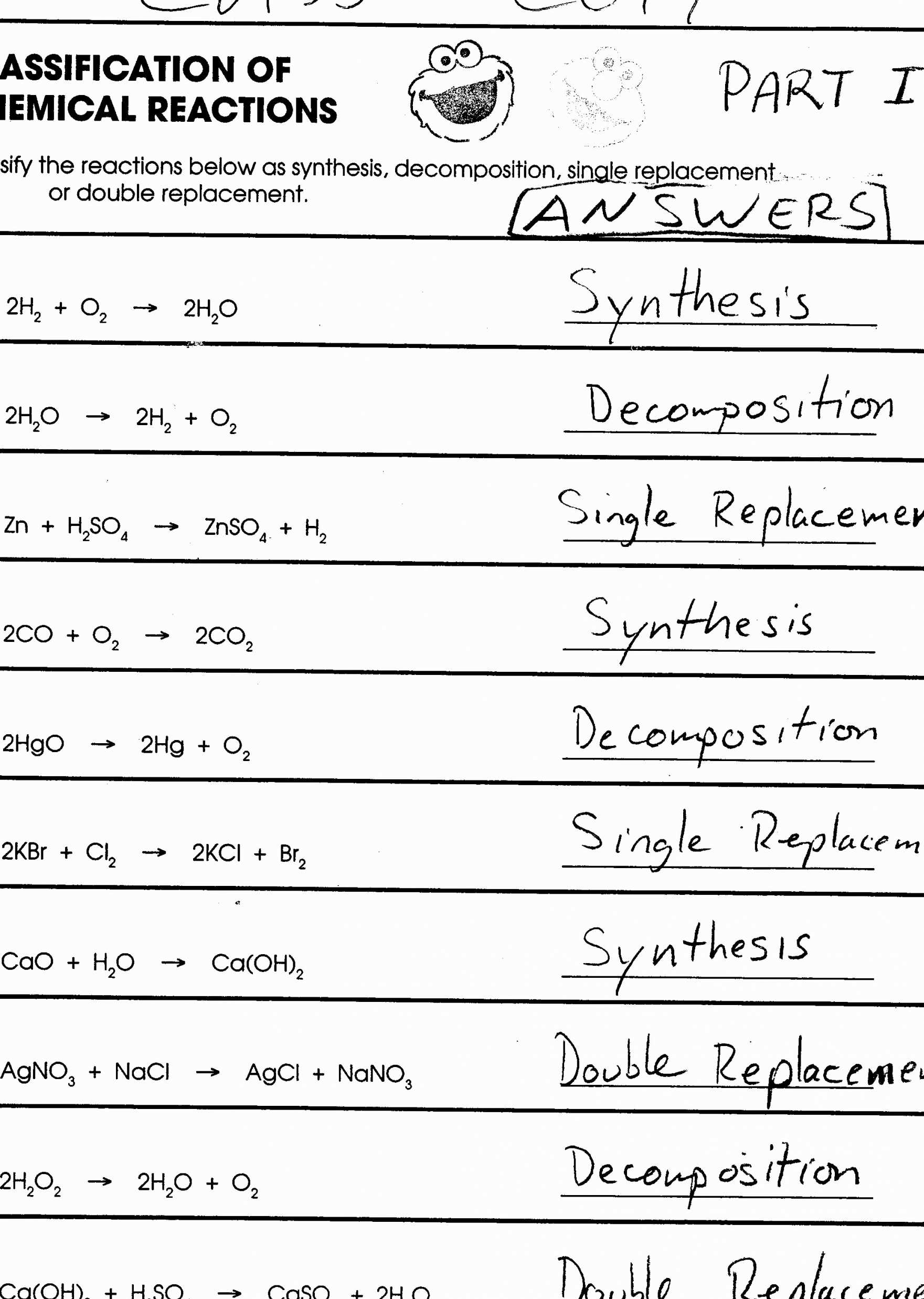 Chemical Reaction Worksheet Answers and Worksheet Types Reactions Worksheet Answers Picture