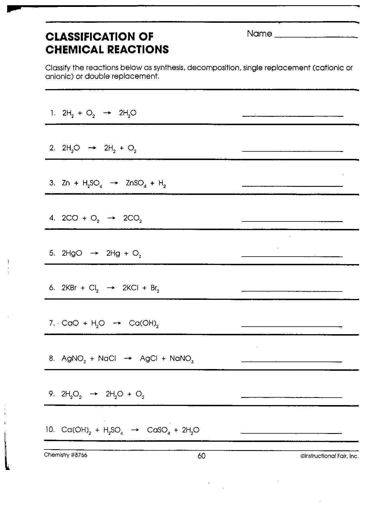 Chemical Reaction Worksheet Answers or Classification Chemical Reactions Worksheet Answers New Dc Heath