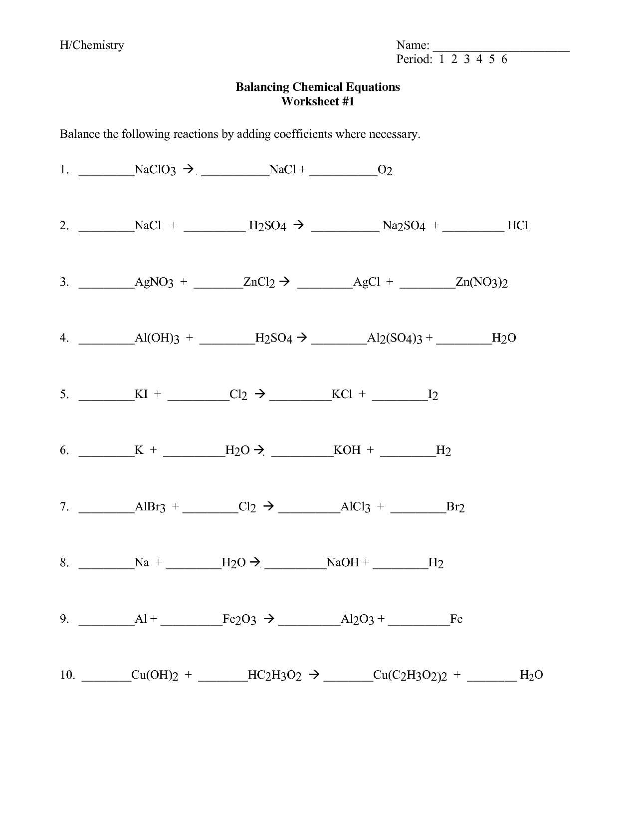 Chemical Reaction Worksheet Answers together with Unbalanced Chemical Equations Worksheet the Best Worksheets Image