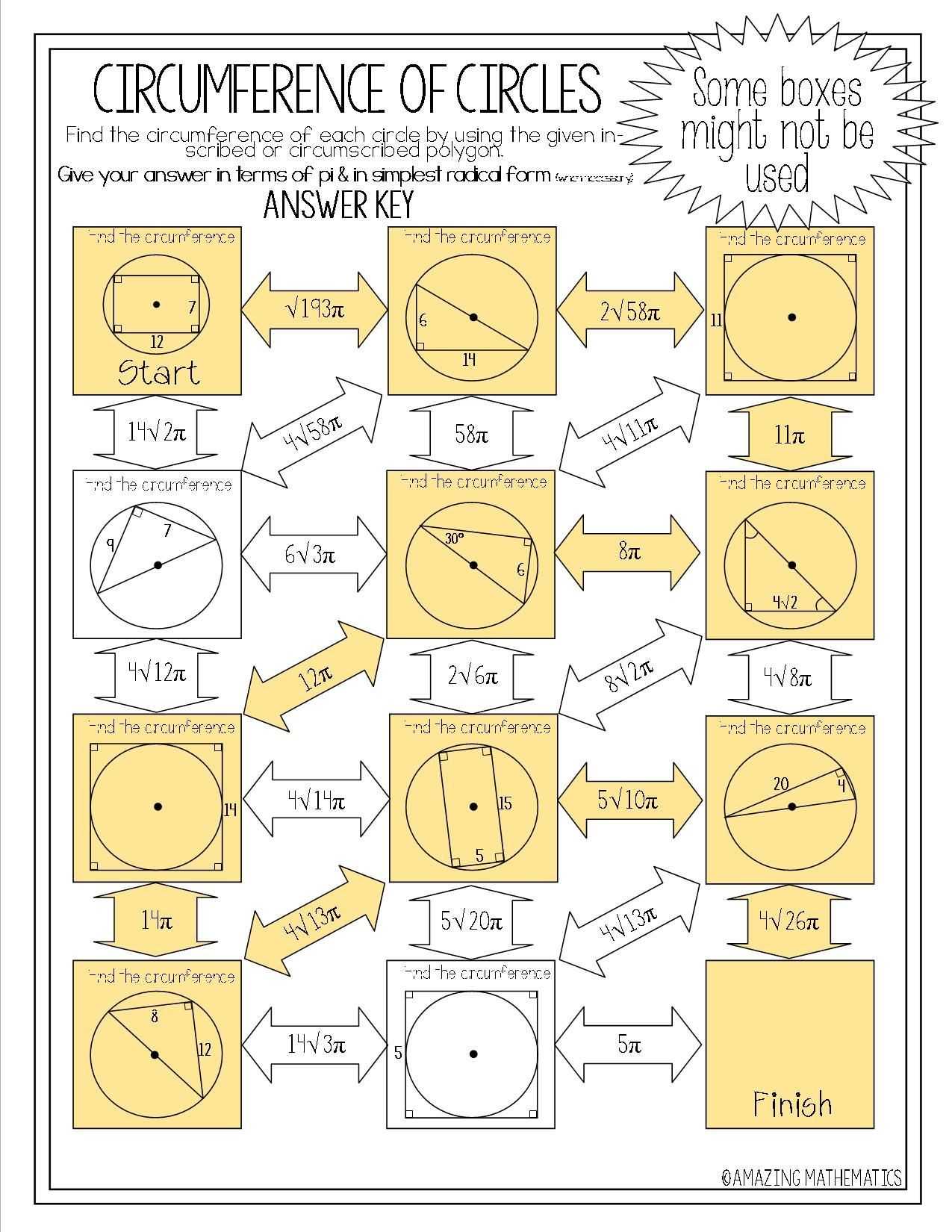 Circles Worksheet Answers together with Printable Math Maze Games New Circumference Circles Maze Using