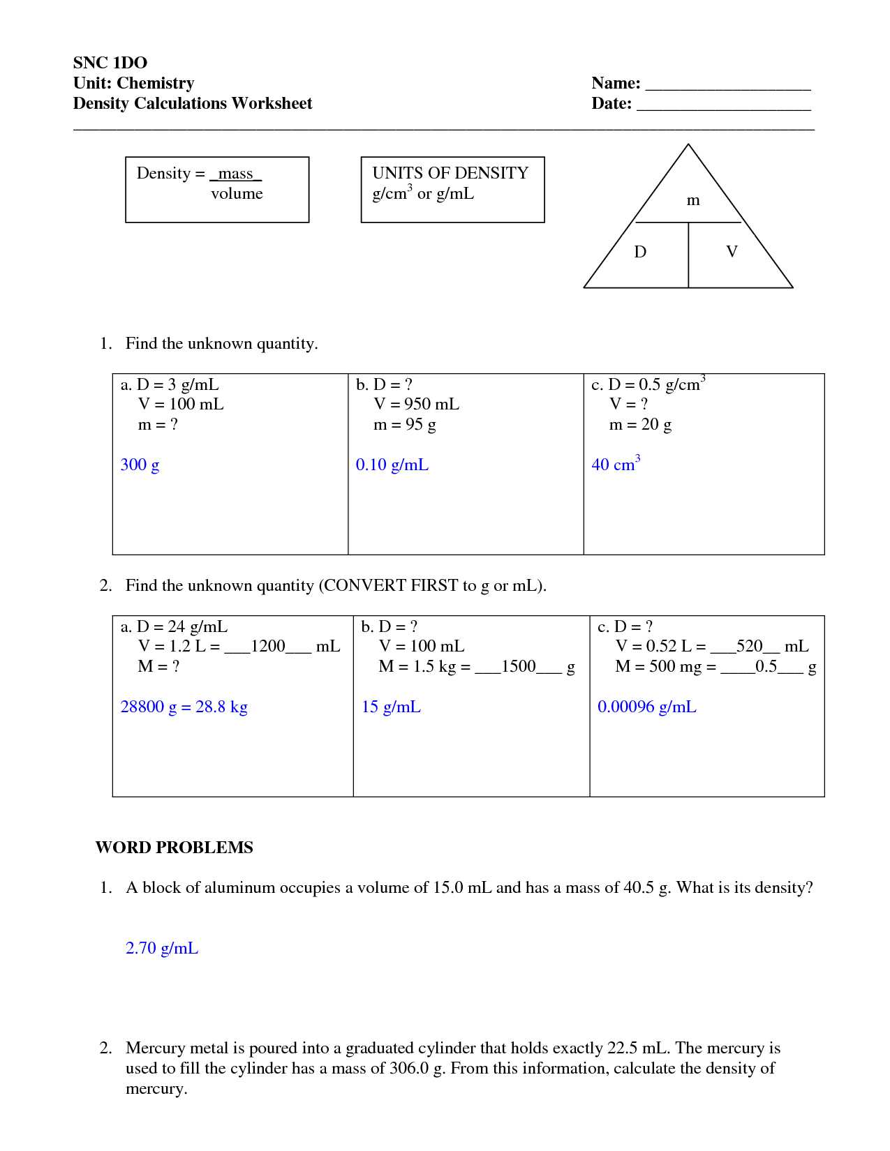 Computing formula Mass Worksheet with Density Worksheets with Answers