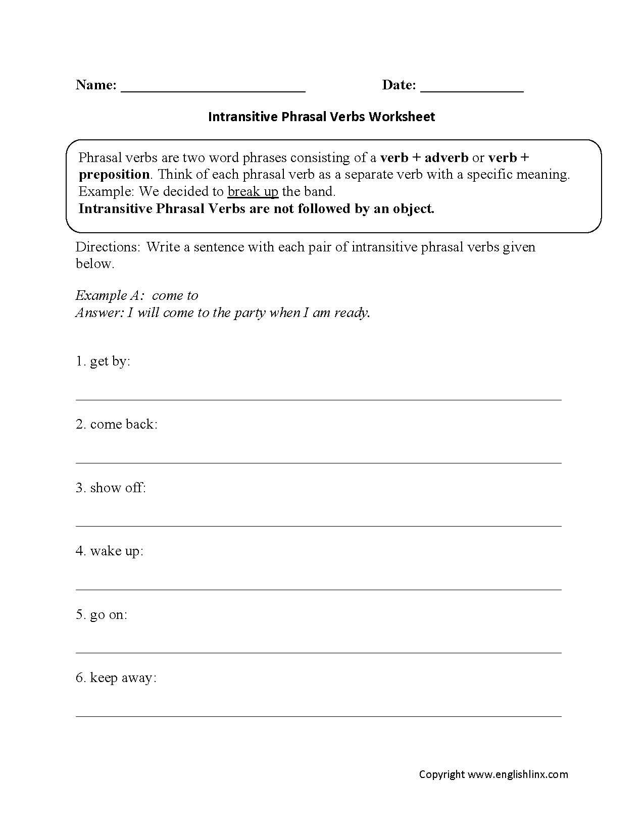 Critical Thinking Worksheets Also Worksheet Writing Dates New Intransitive Phrasal Verbs Worksheet