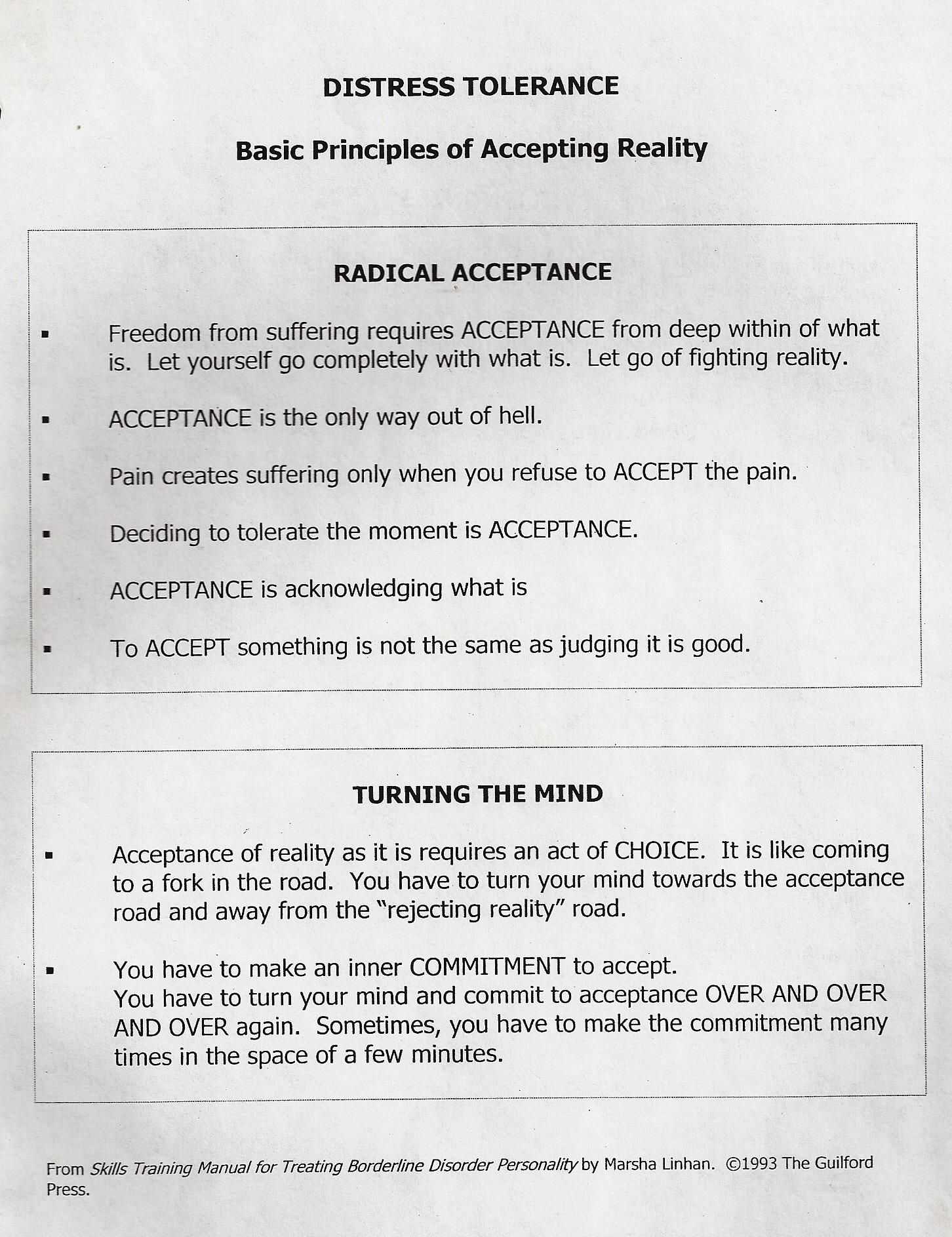Dbt therapy Worksheets as Well as Distress tolerance Radical Acceptance Turning the Mind