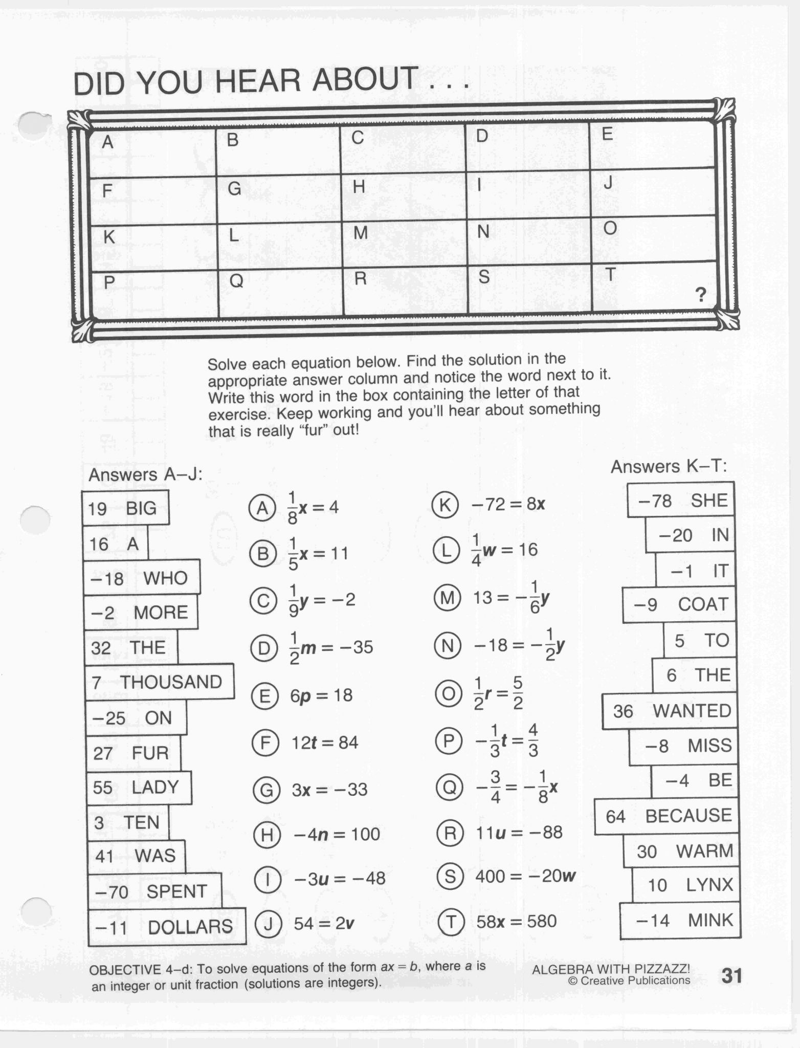 Did You Hear About Math Worksheet Algebra with Pizzazz Answers Along with Moving Wordsazz Pre Algebra with Worksheets Answers Page Words