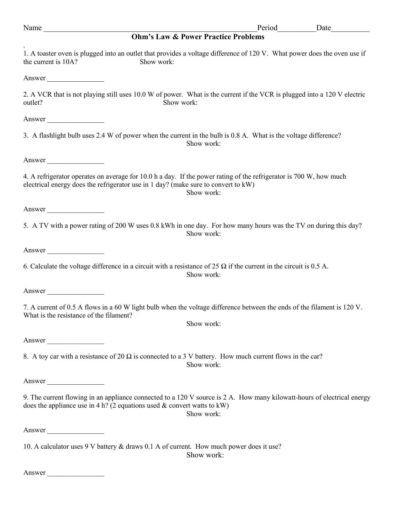 Electrical Power and Energy Worksheet Also Electric Power Problems Worksheet New Ohm Law Practice Problems
