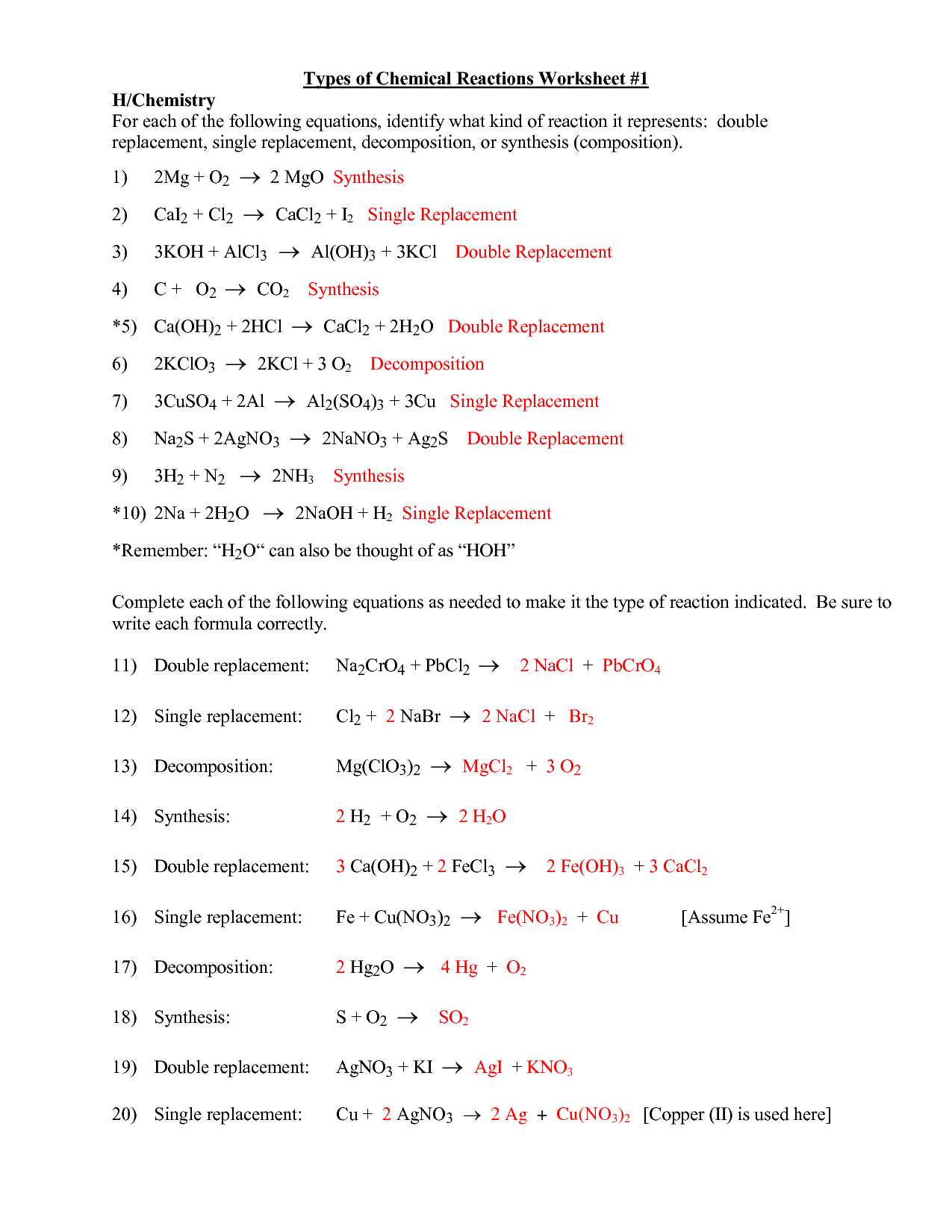 Energy Transformation Worksheet Middle School Along with Printables Types Chemical Reactions Worksheet Answers Of Chemical