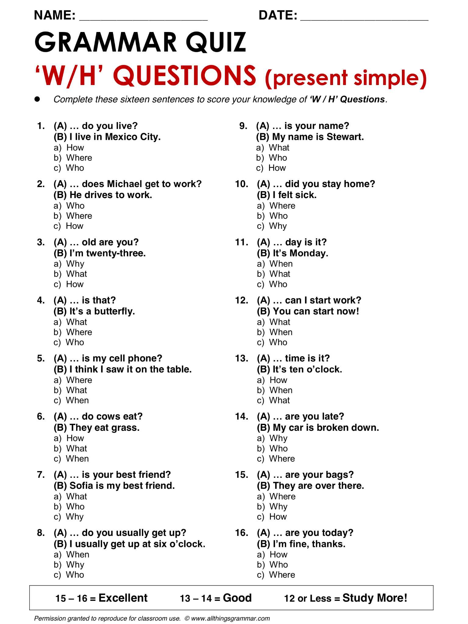 Esl Grammar Worksheets with English Grammar W H Questions Present Simple