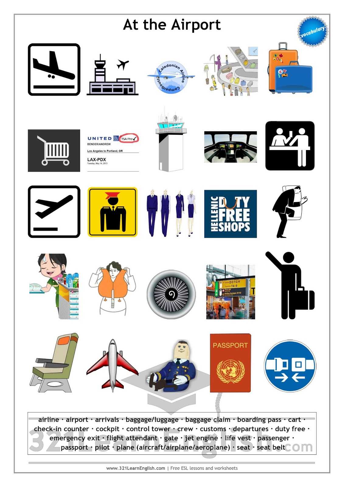 Free English Worksheets and 321 Learn English Vocabulary at the Airport Level B1