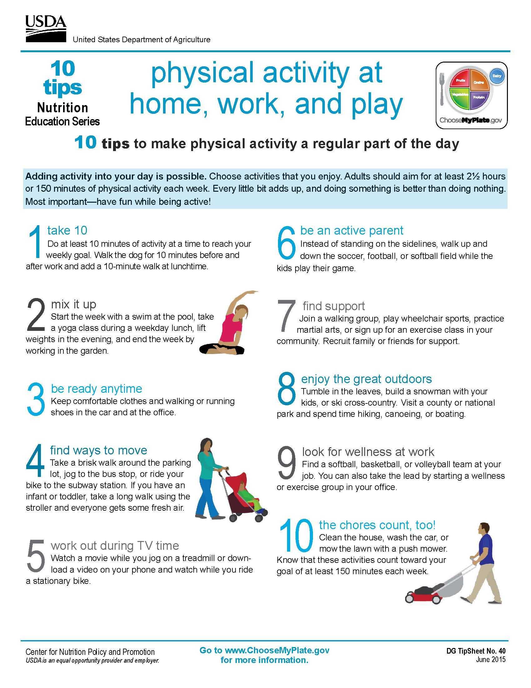 Health and Wellness Worksheets together with 10 Tips Physical Activity at Home Work and Play Myplate