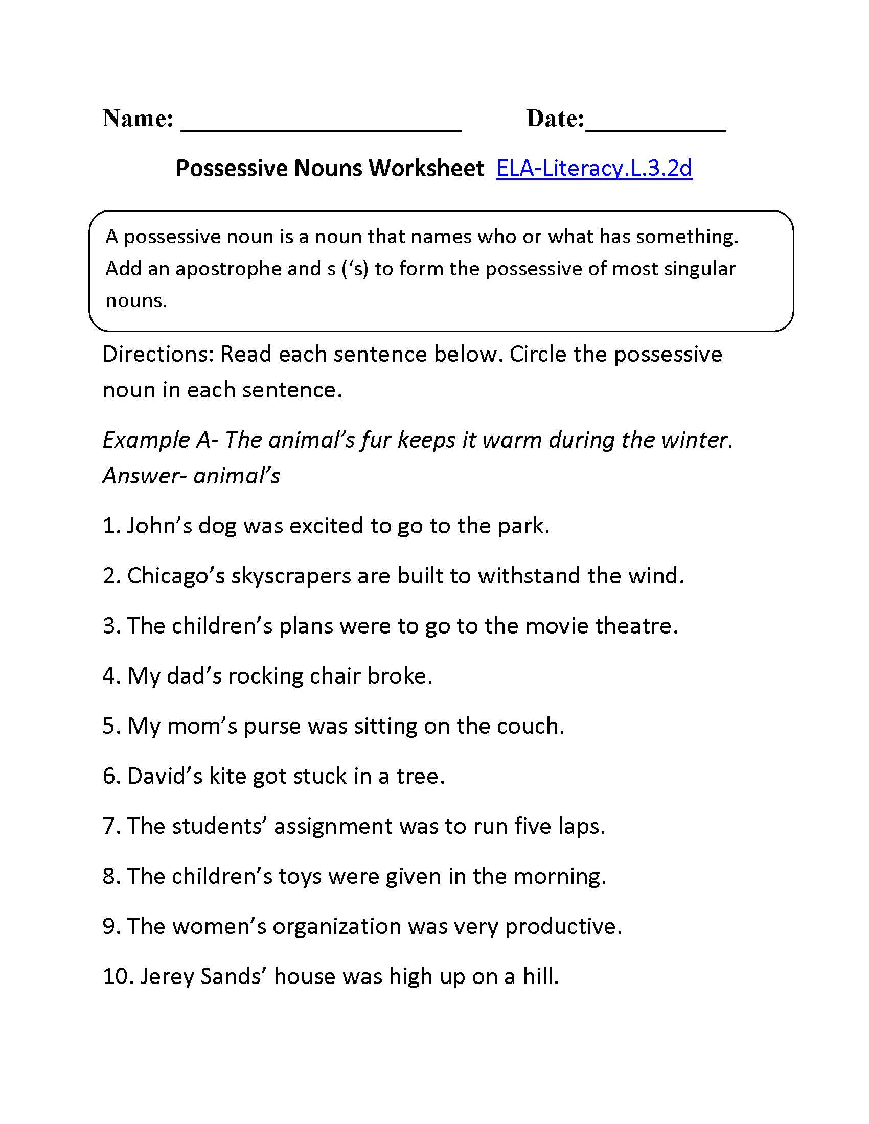 Identify Nouns and Adjectives Worksheets and Possessive Nouns Worksheet 1 L 3 2 Third Grade