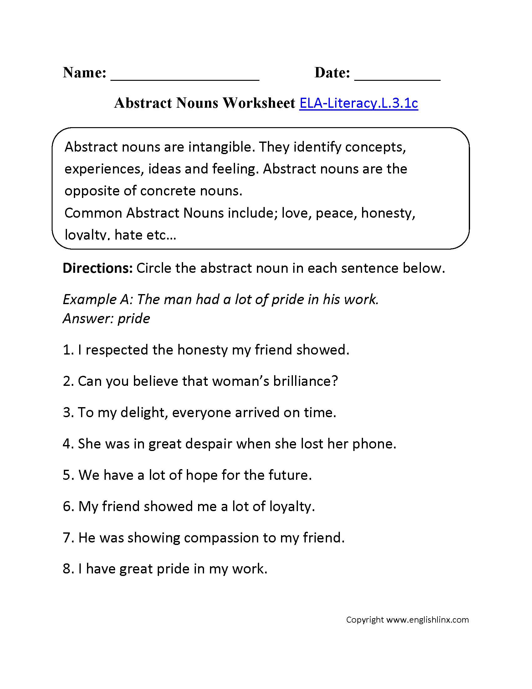 Identify Nouns and Adjectives Worksheets or Abstract Nouns Worksheet 1 Ela Literacy L 3 1c Language Worksheet