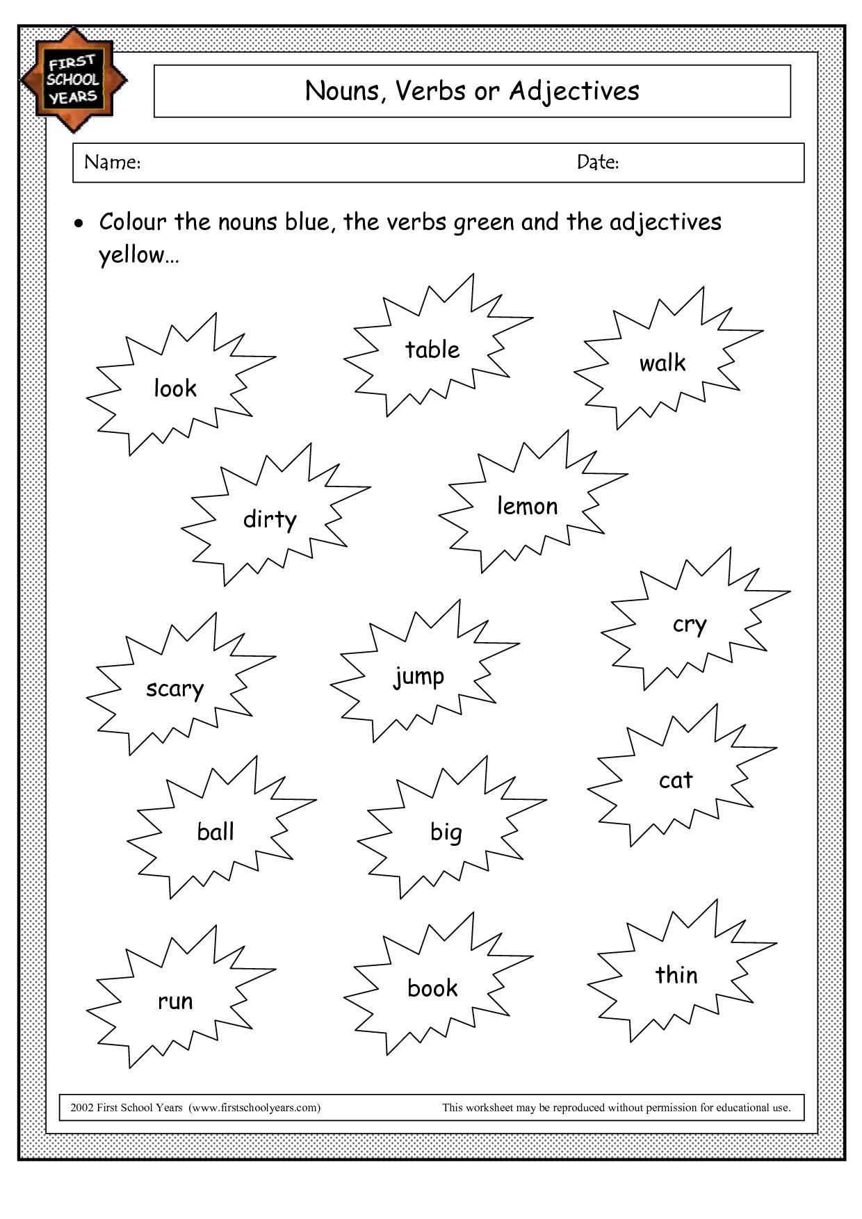 Identify Nouns and Adjectives Worksheets or Verb Noun Adjective Worksheet Worksheet for Kids Maths Printing