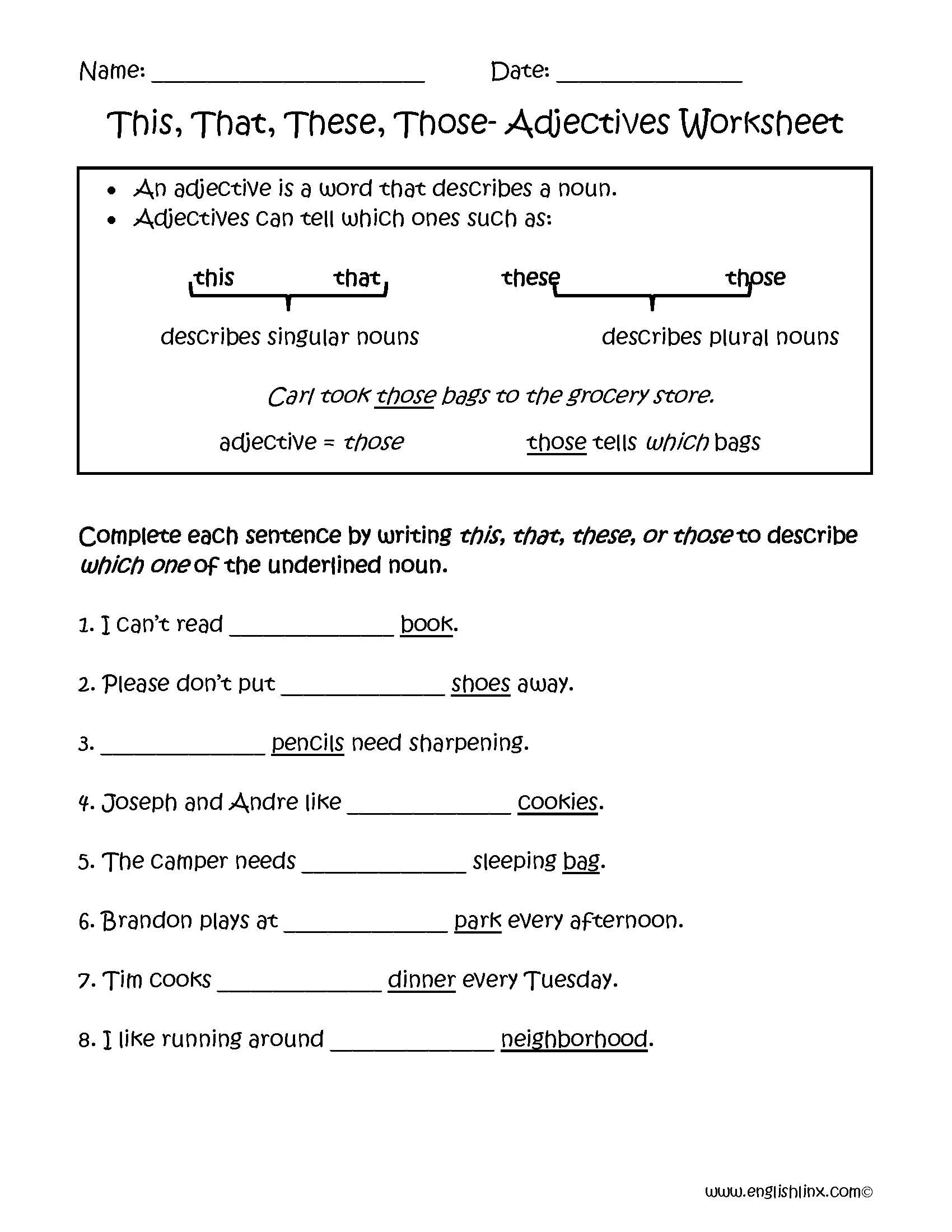 Identify Nouns and Adjectives Worksheets together with This that these Those Adjectives Worksheets