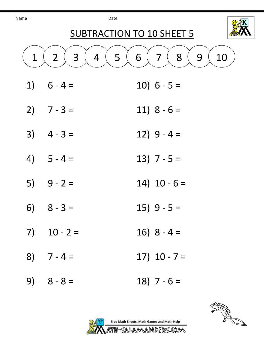 Independent Practice Math Worksheet Answers and Practice Math Worksheets Subtraction to 10 5