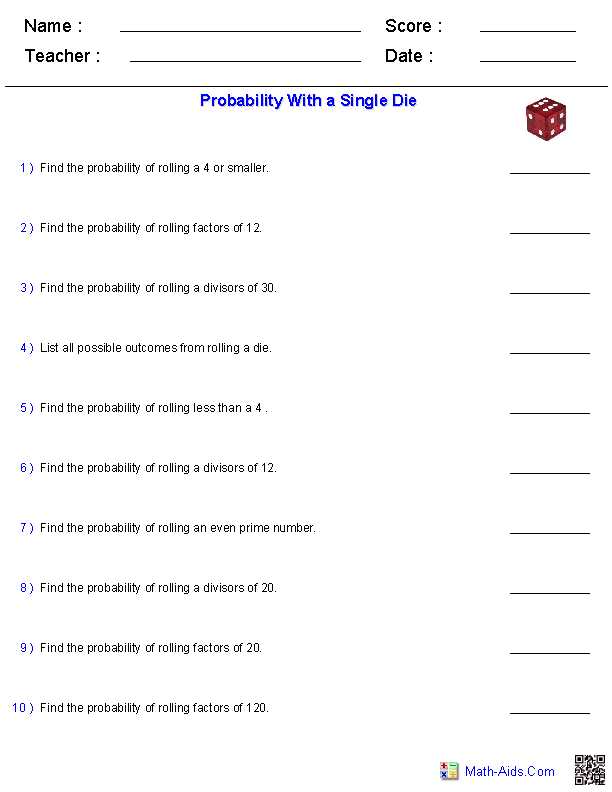 Independent Practice Math Worksheet Answers with Probability Worksheets with A Single Die