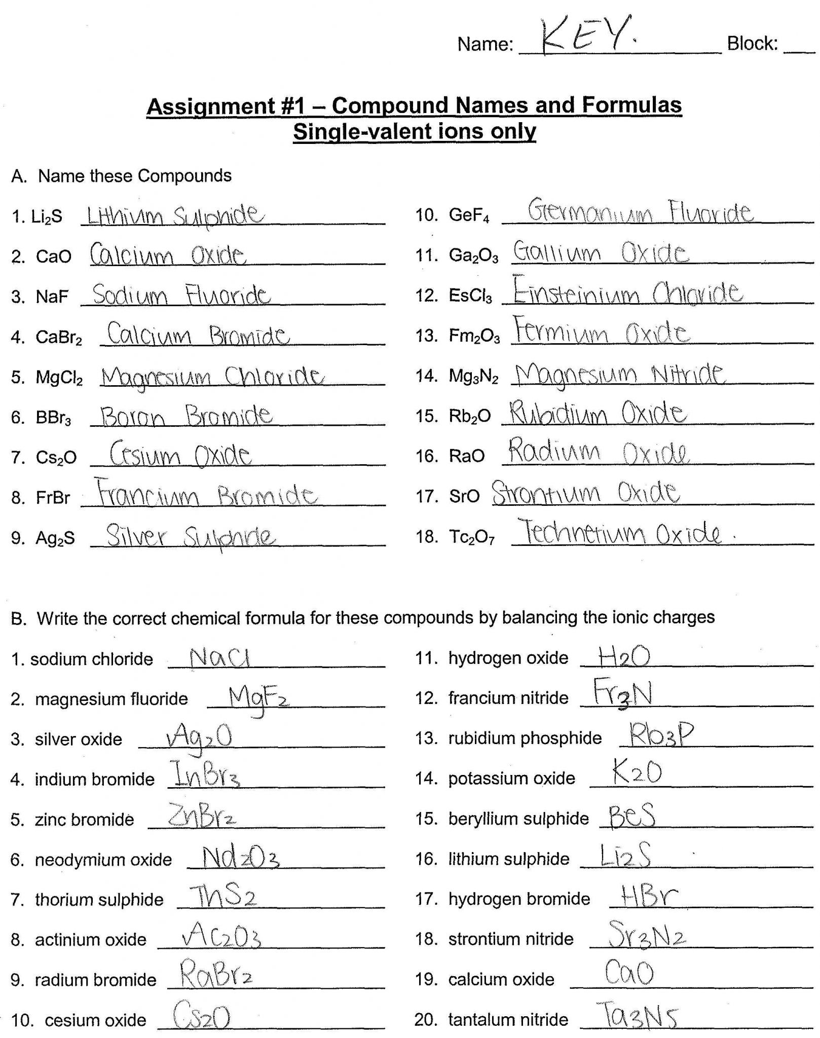 Ions and Ionic Compounds Worksheet Answer Key Also Naming Ionic Pounds and Writing Ionic formulas Worksheet Answers