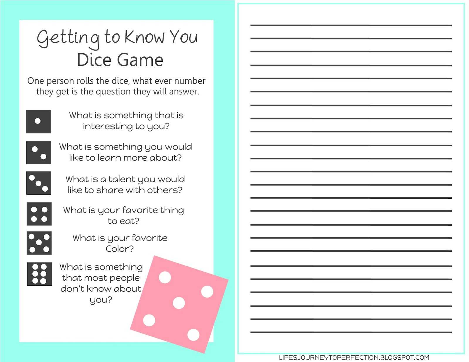 Life Plan Worksheet Along with Life S Journey to Perfection Getting to Know You Dice
