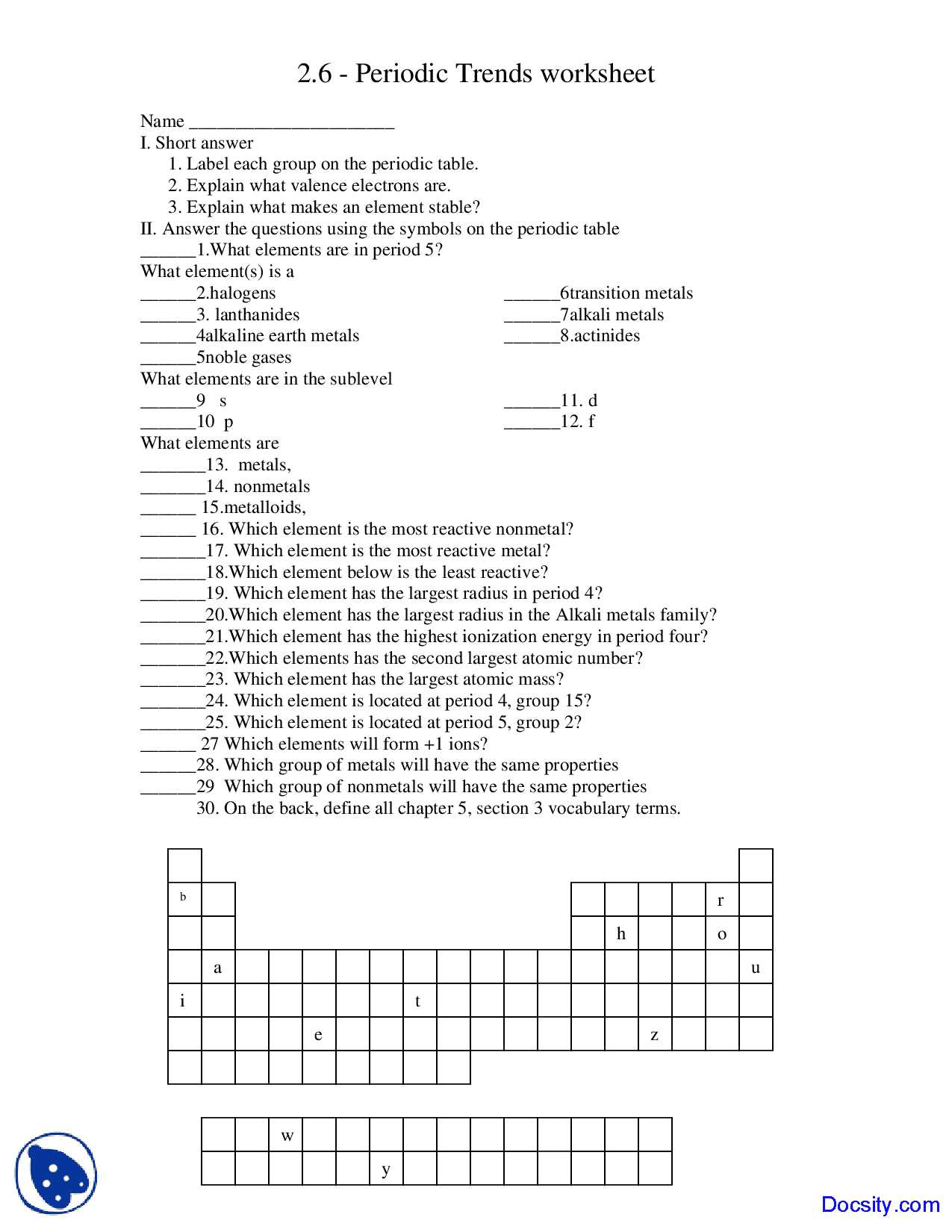 Limiting Reagent Worksheet 2 with Periodic Trends Worksheet General Chemistry Quiz Docsity Answers