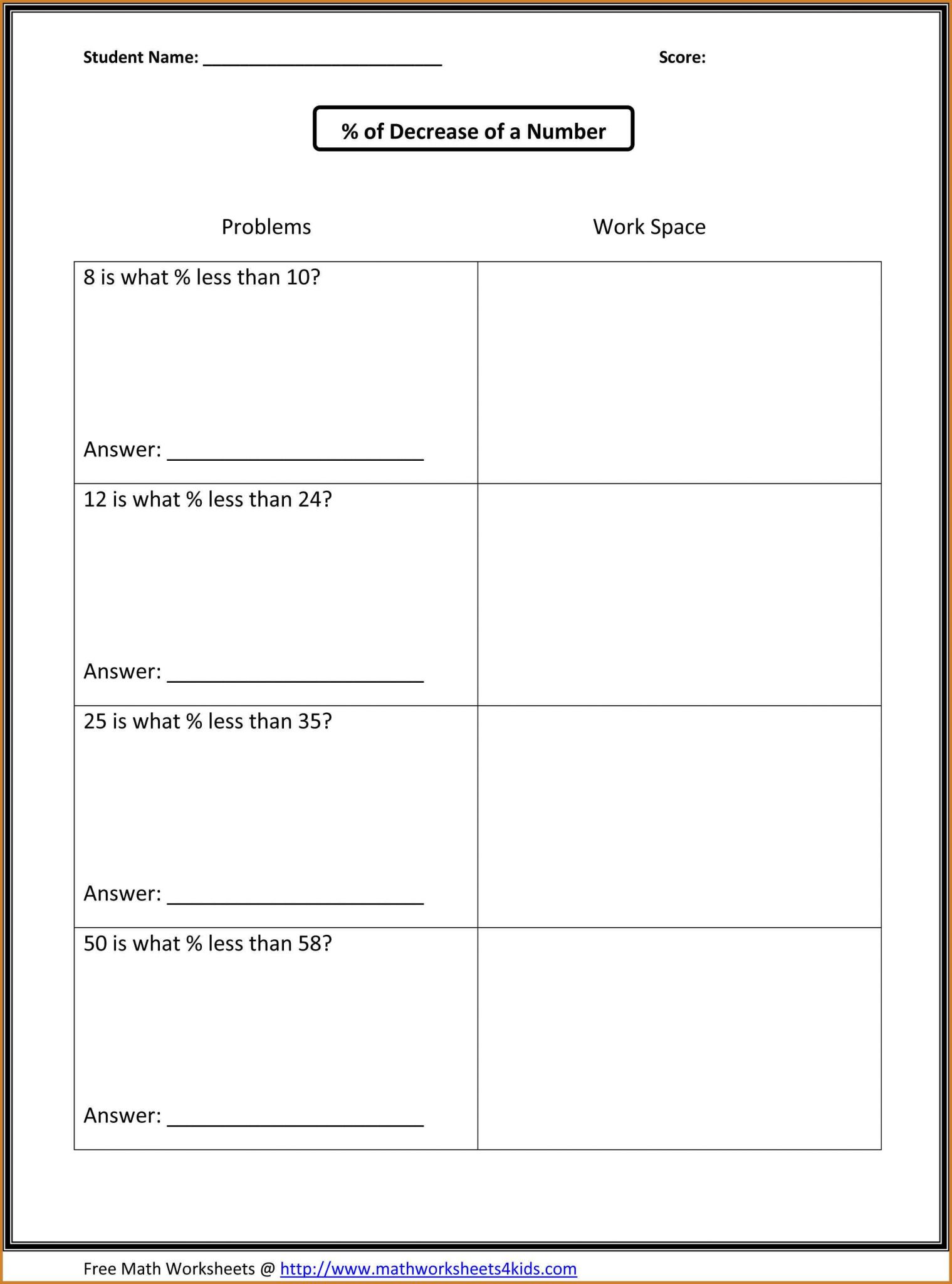 Maths Percentages Worksheets Along with Percent Increase and Decrease Worksheet 7th Grade the Best