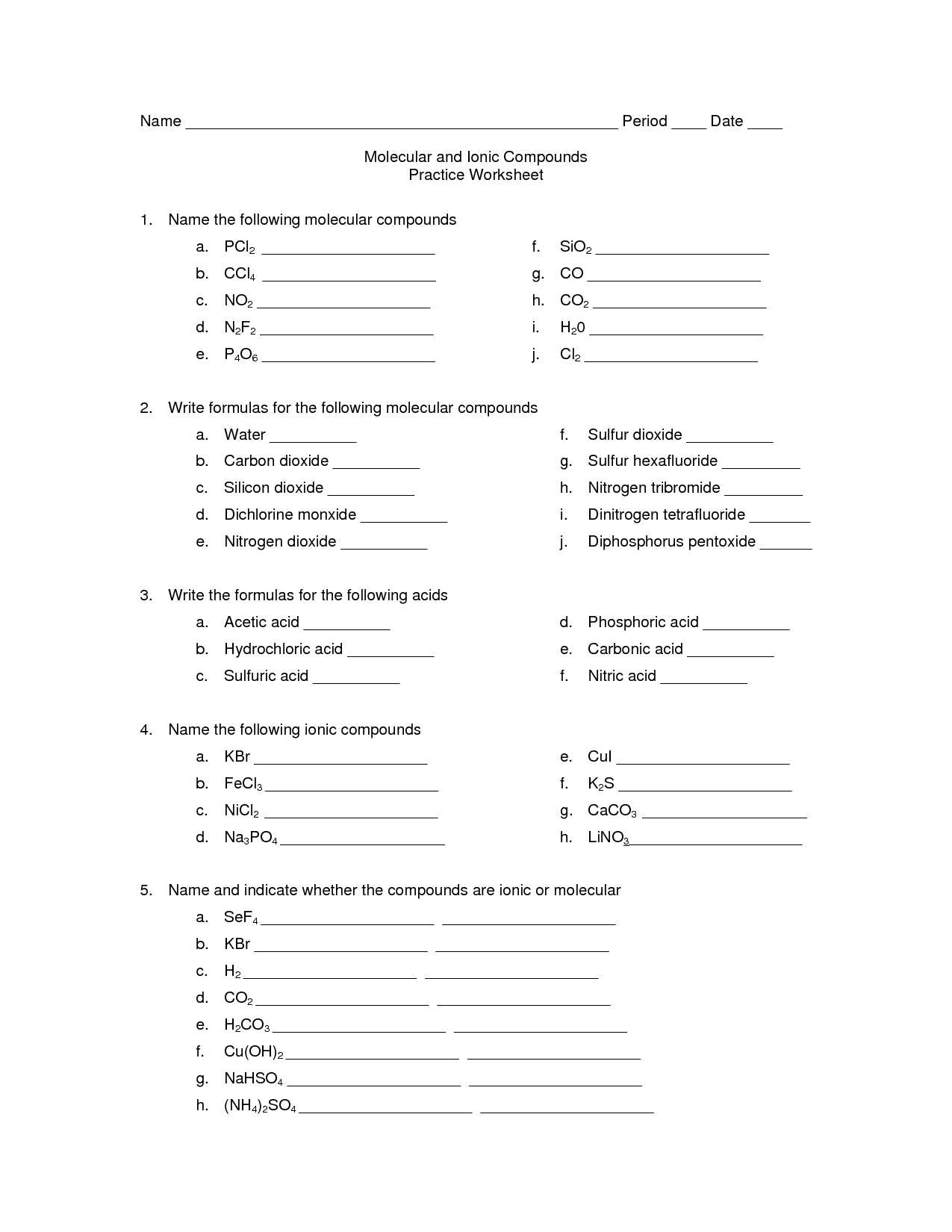 Mixed Naming Worksheet Ionic Covalent and Acids or Chemical Names and formulas Worksheet Answers Choice Image