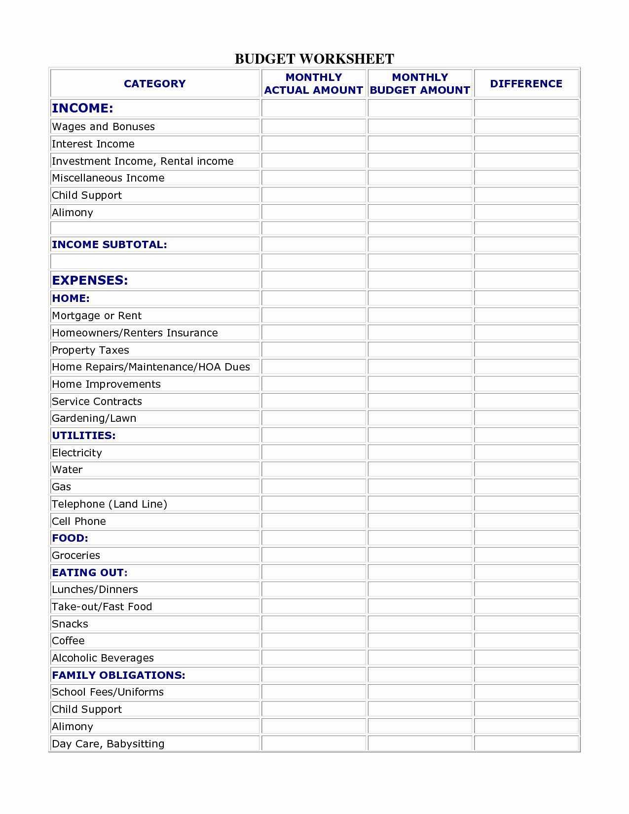 Monthly Budget Worksheet Pdf Along with Bud List for Bills Template