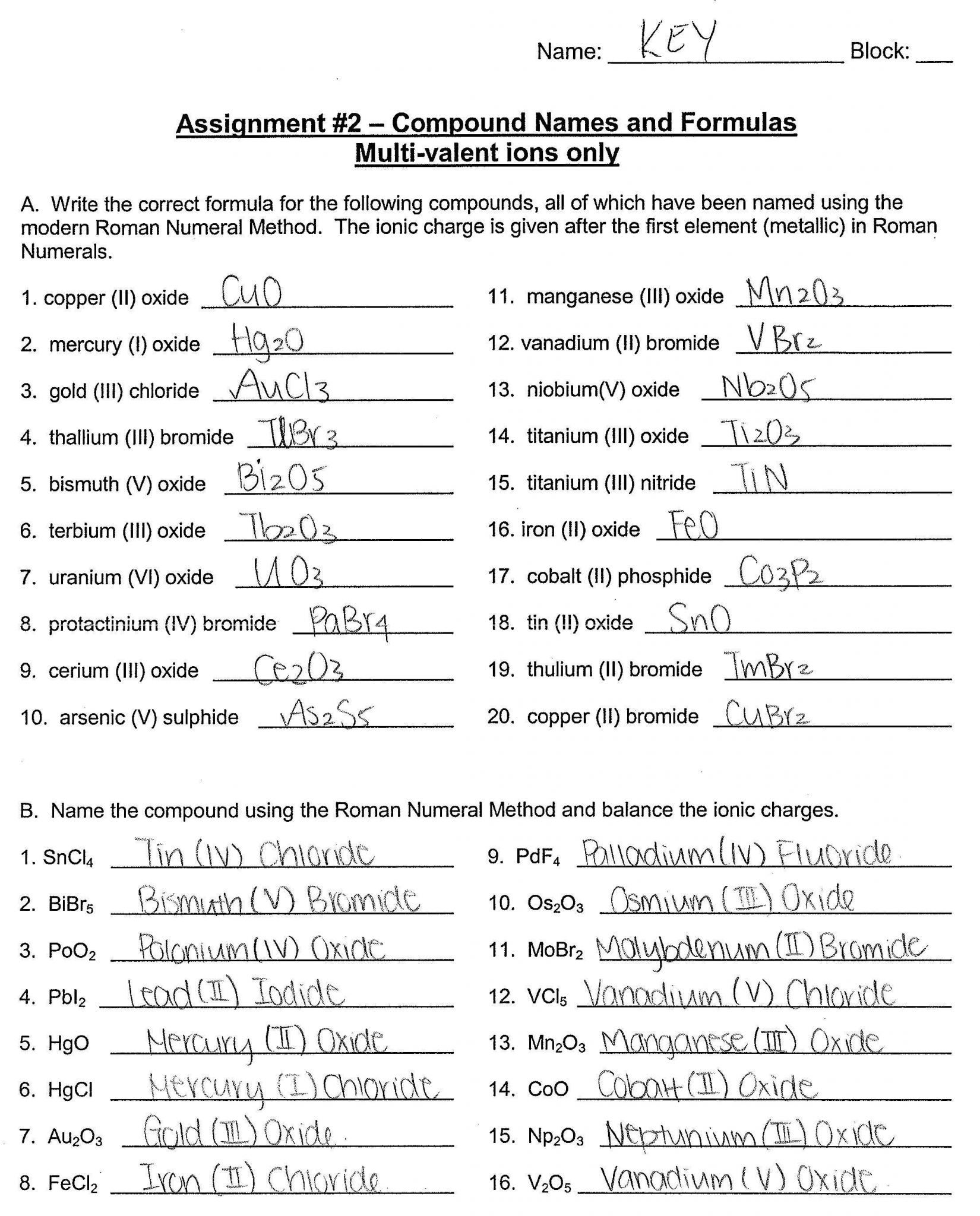 Naming Chemical Compounds Worksheet and formula Writing and Naming Pounds Worksheet Answers Refrence 50