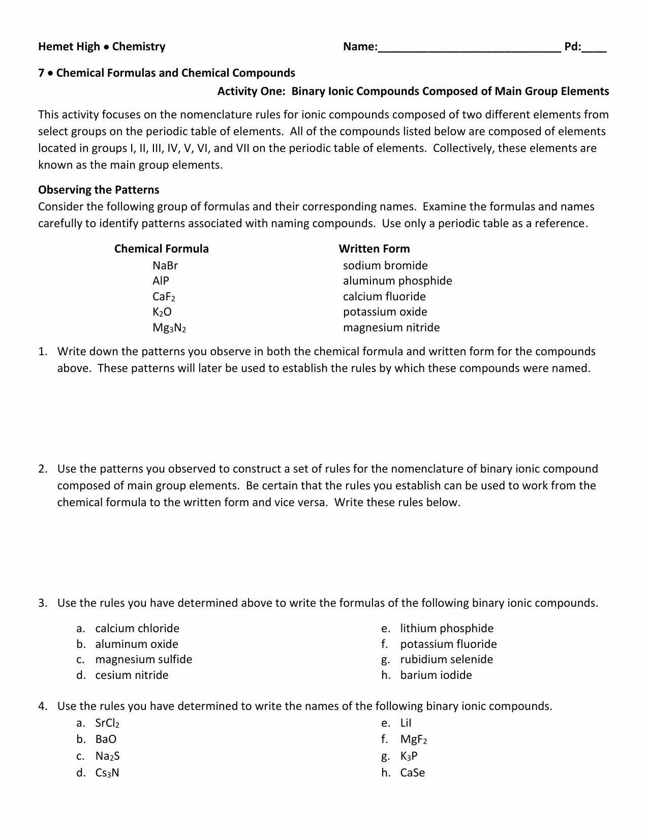 Naming Chemical Compounds Worksheet or Writing formulas and Naming Pounds Worksheet Answers Section 3