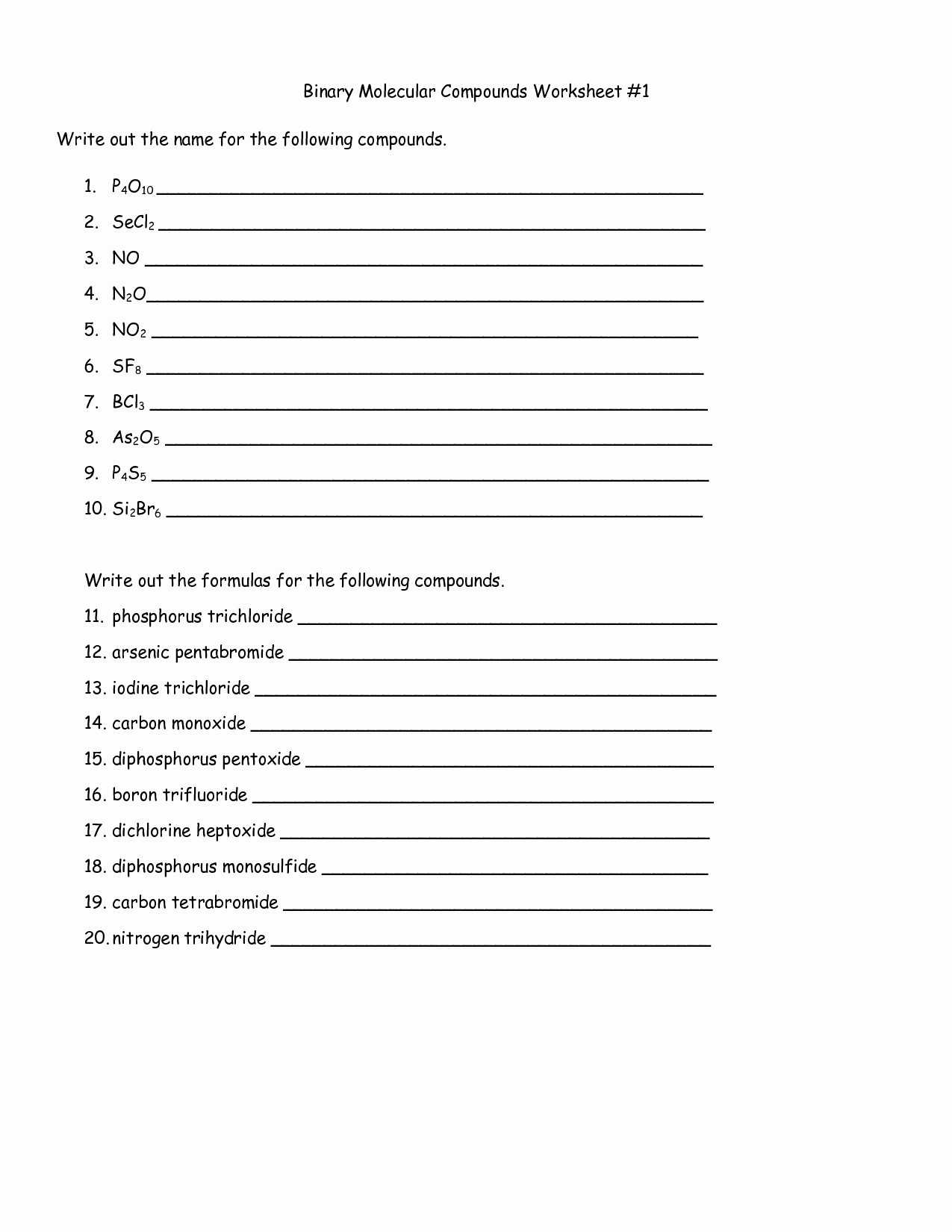 Naming Chemical Compounds Worksheet with Writing Chemical formulas for Binary Ionic Pounds Worksheet
