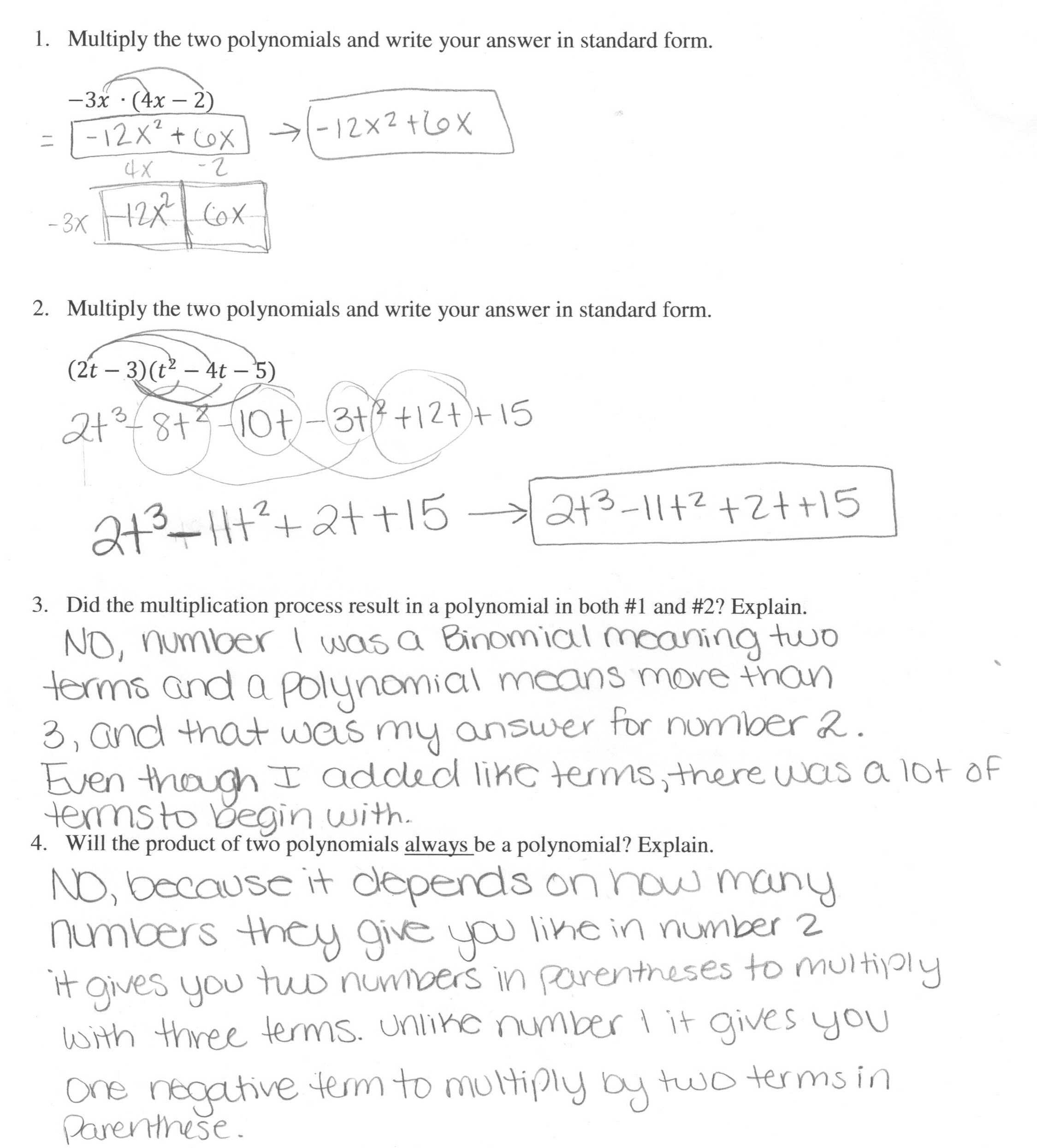 Operations with Polynomials Worksheet Also Product Polynomials Worksheet