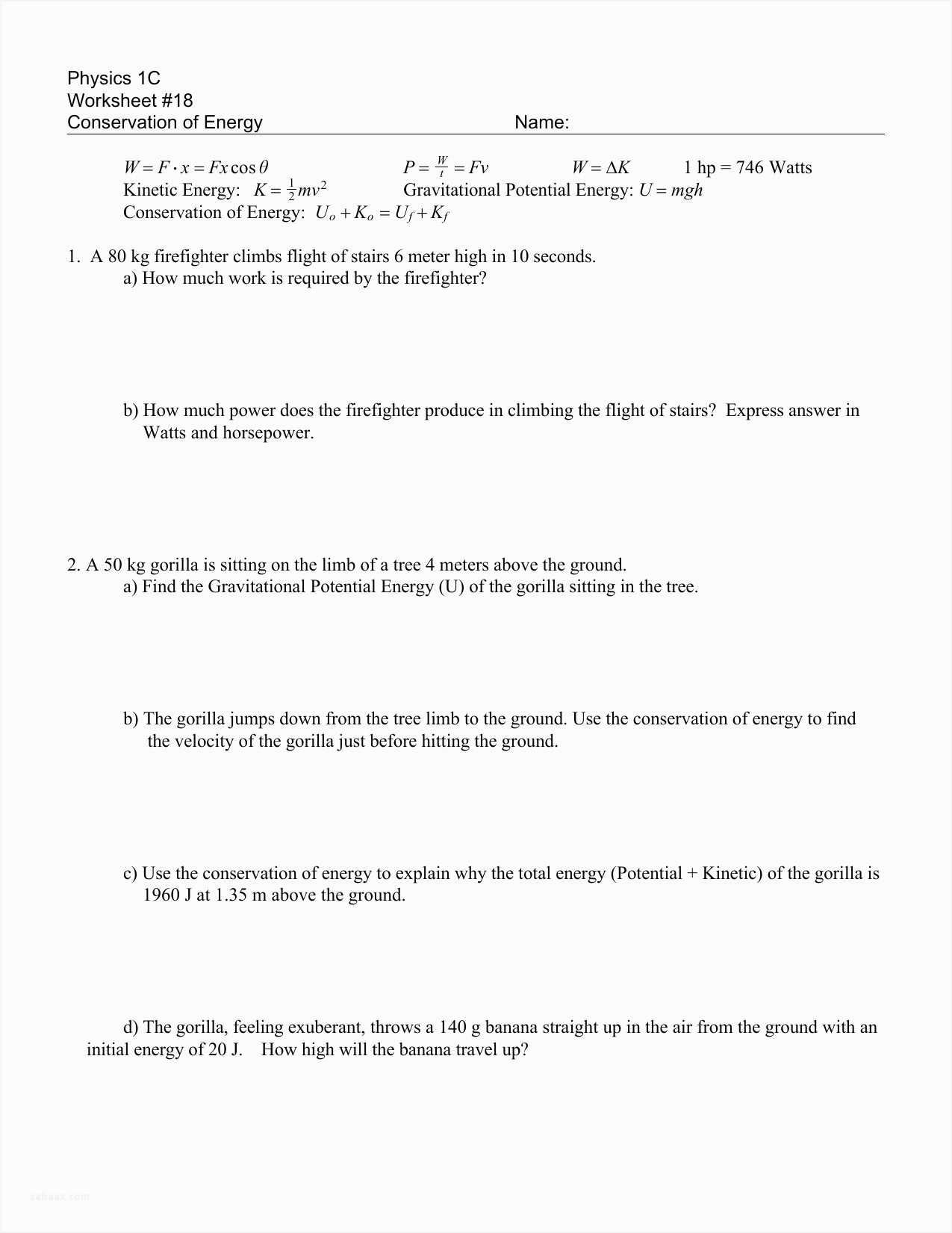 Physical Science Worksheet Conservation Of Energy 2 Answer Key Along with Collection Of Conservation Of Energy Worksheet with Answers