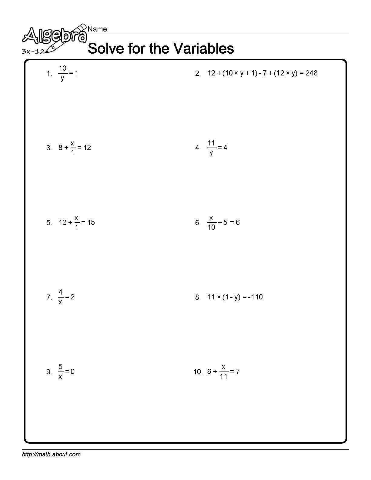 Pre Algebra Worksheets with Answer Key Along with solve for the Variables Worksheet 1 Of 10