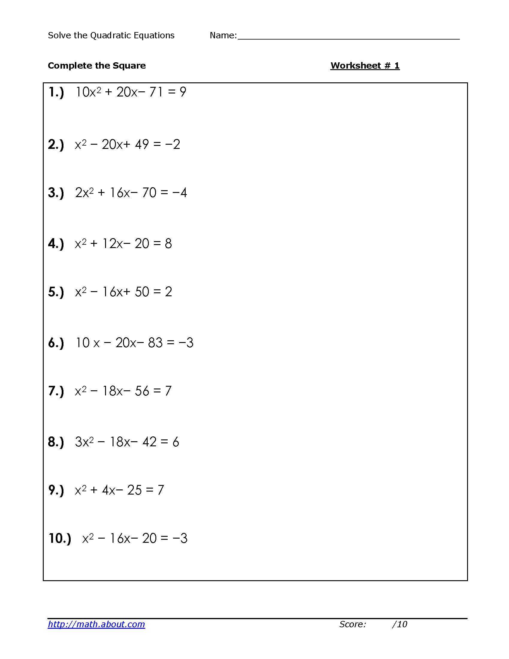 Pre Algebra Worksheets with Answer Key Along with solve Quadratic Equations by Peting the Square Worksheets