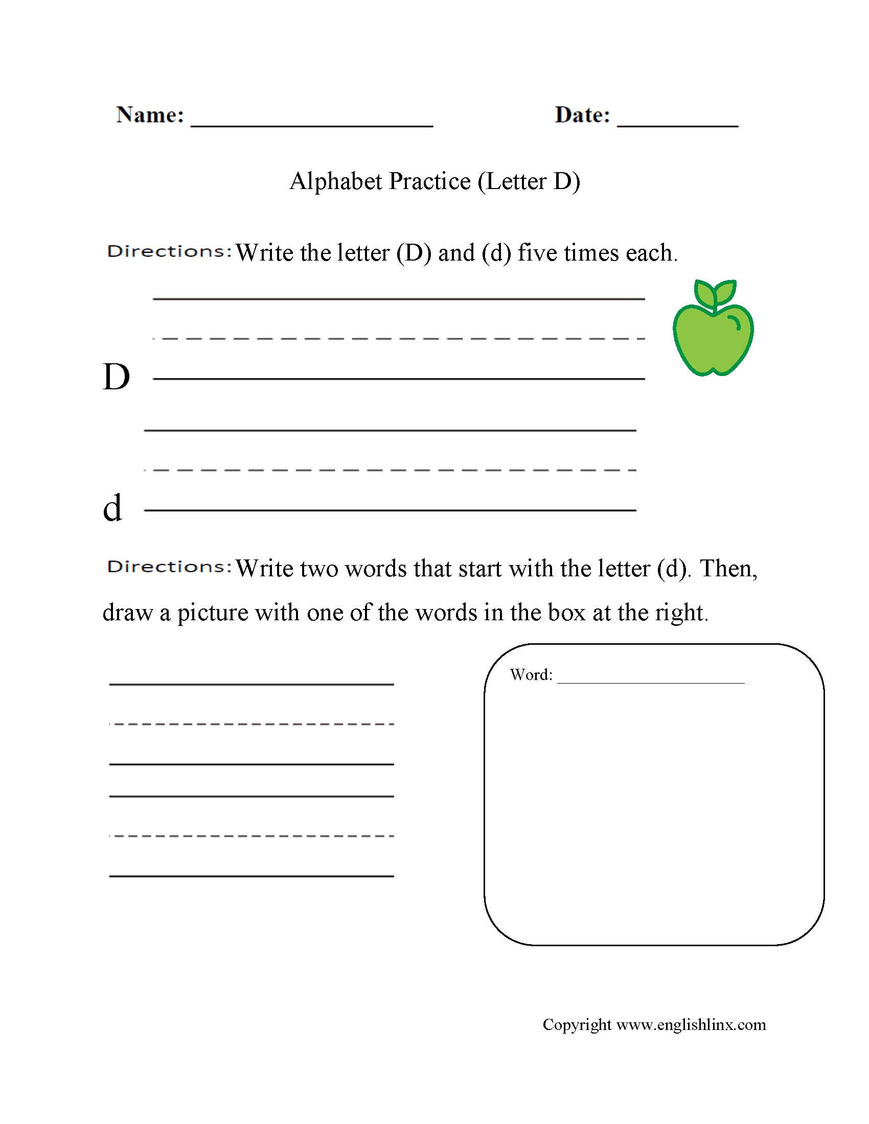 Preschool Number Worksheets or Alphabet Worksheet Letter D Great English tools