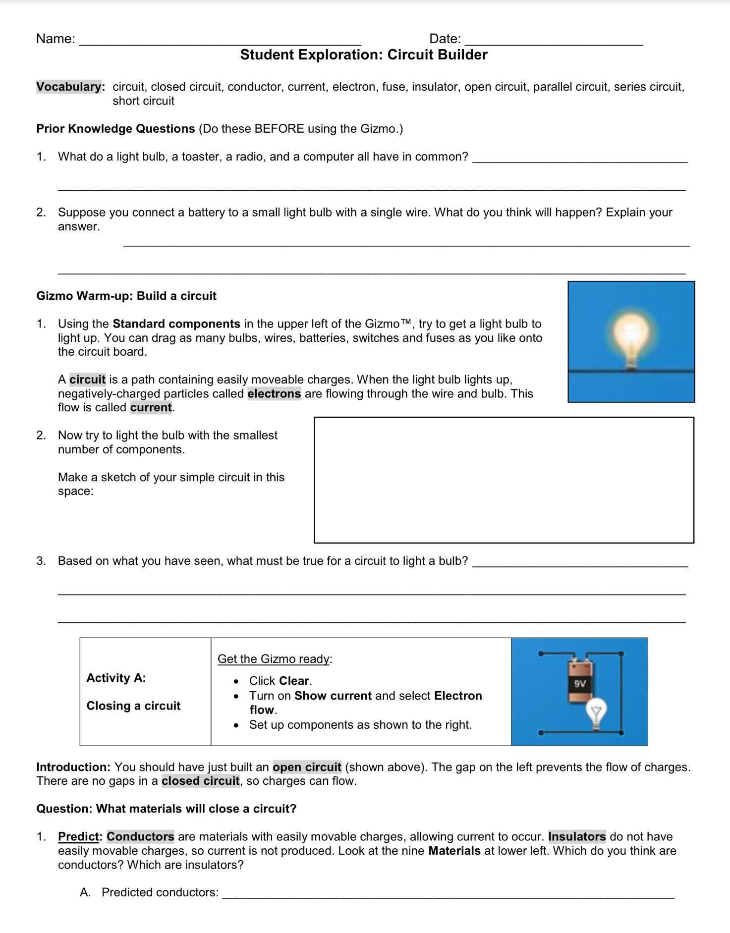 Redox Reaction Worksheet with Answers and Circuit Builder Student Exploration Gizmo