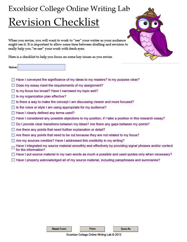 Revising and Editing Worksheets Also Revision Checklist Excelsior College Owl