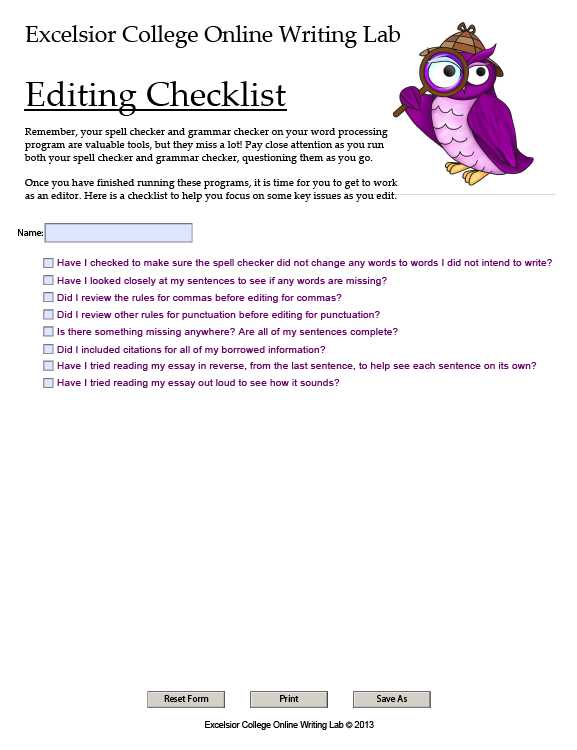 Revising and Editing Worksheets together with Editing Checklist Excelsior College Owl