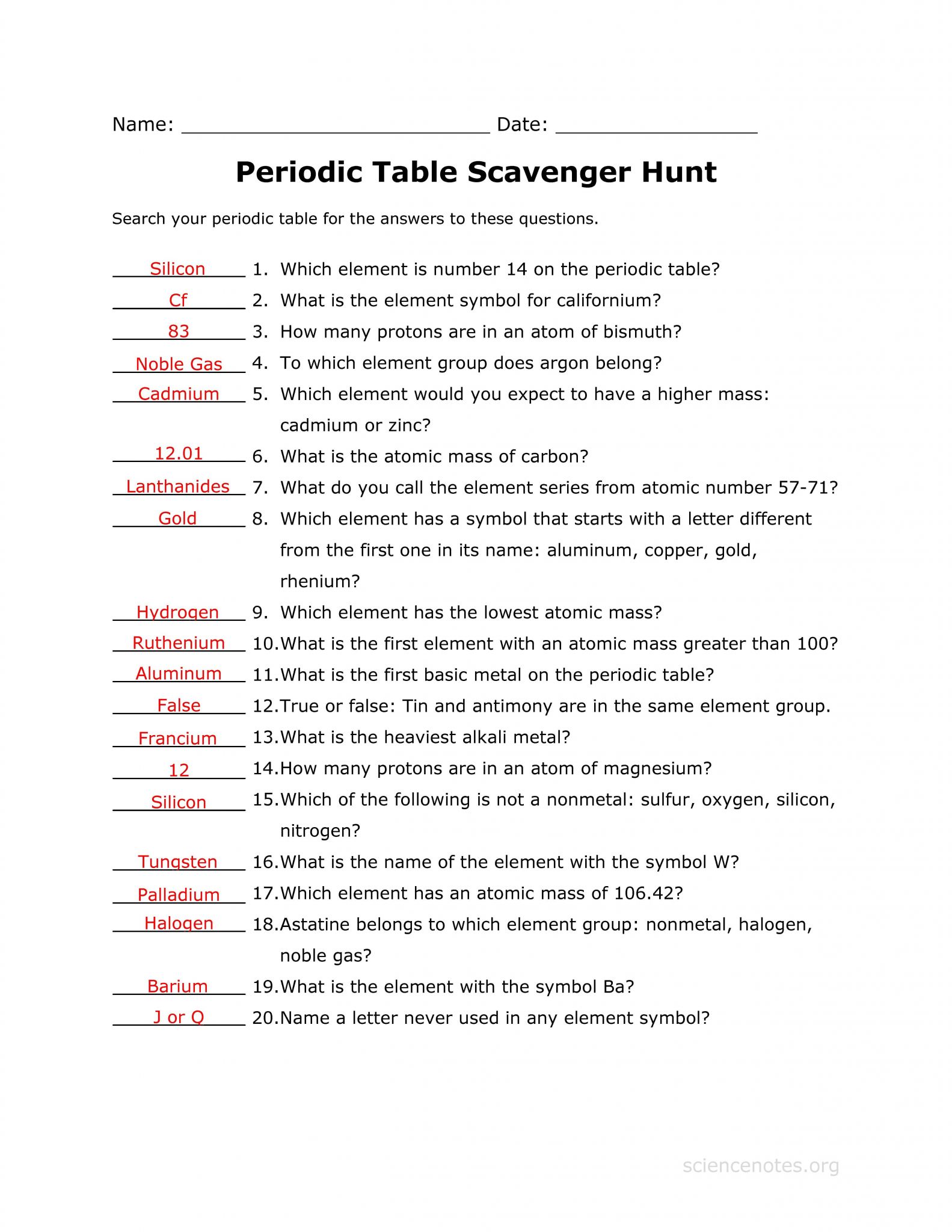 Scavenger Hunt Worksheet Also Periodic Table Youtube Videos Save Answer Key to the Periodic Table
