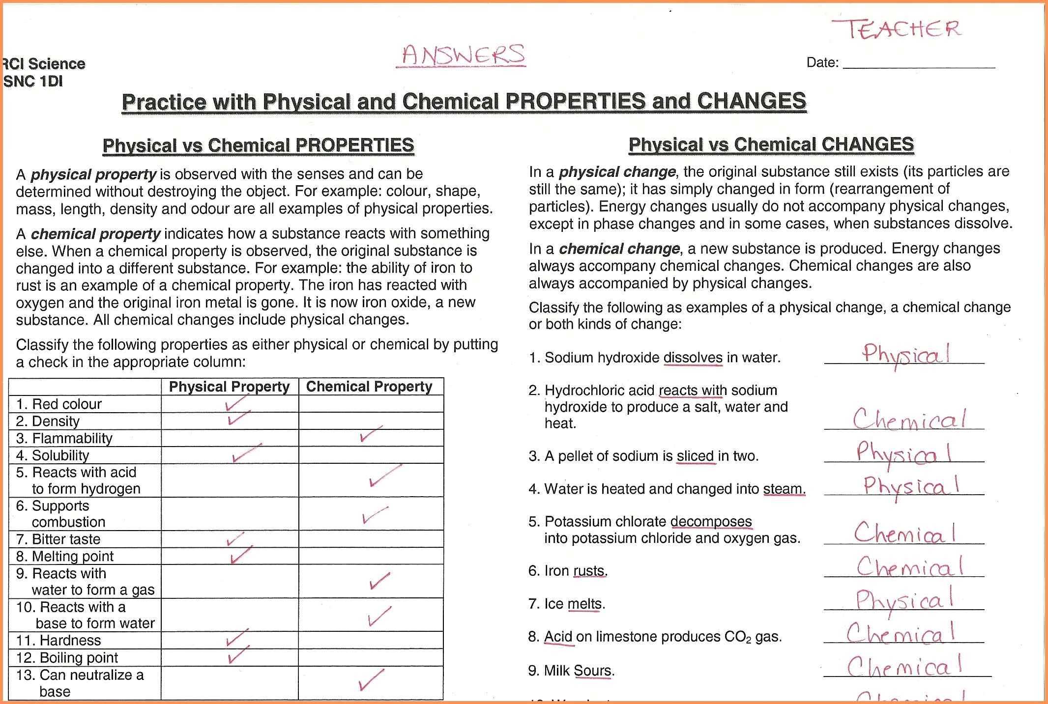 Scavenger Hunt Worksheet Also Physical and Chemical Properties and Changes Worksheet Answers