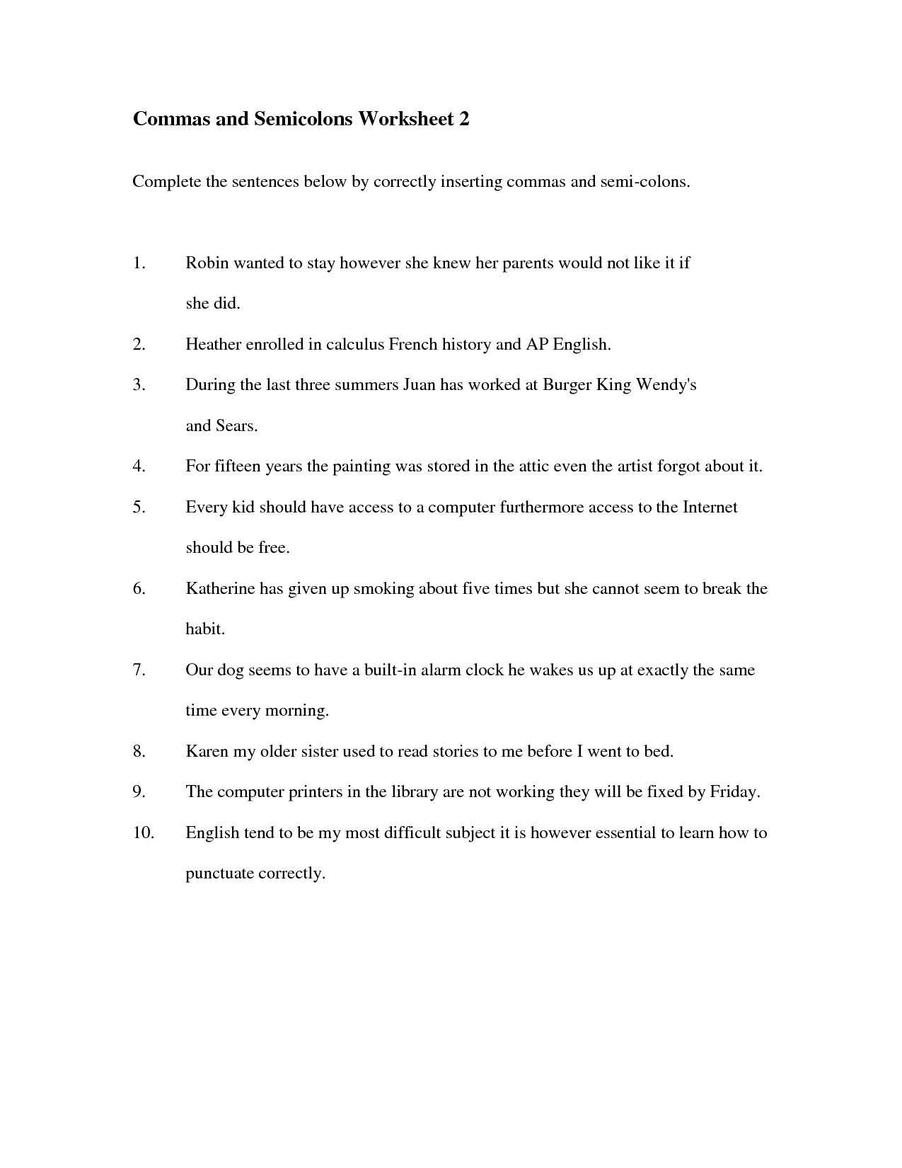 Semicolon and Colon Worksheet with Answers and Colons and Semicolons Worksheet Choice Image Worksheet for Kids