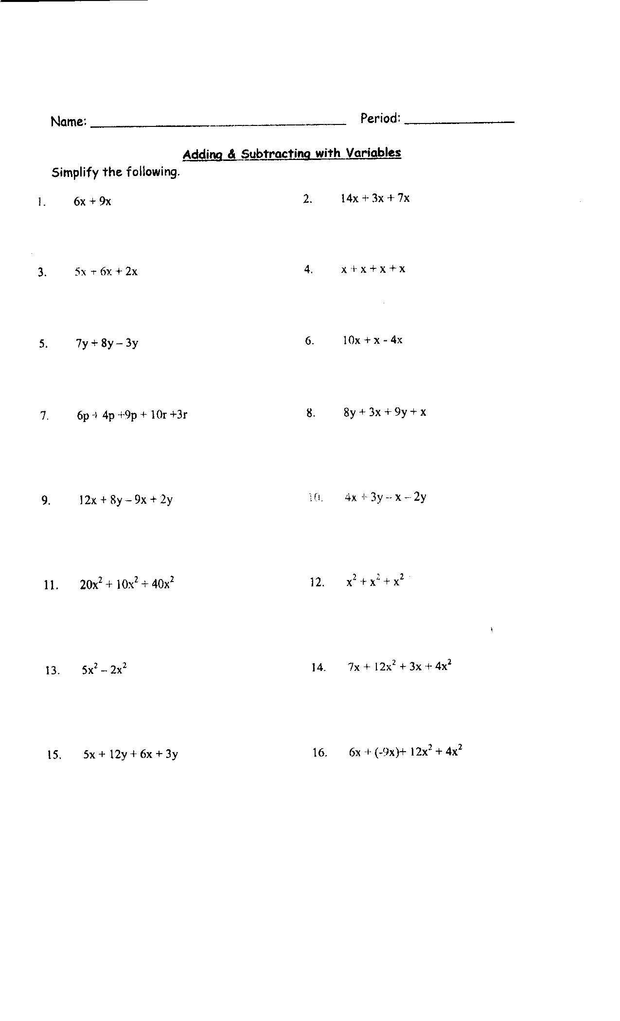 Simplifying Algebraic Expressions Worksheet Answers with Algebraic Subtraction Worksheets Resume Template Sample