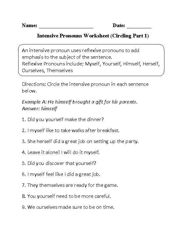 Social Skills Worksheets for Middle School Pdf Along with Intensive Pronouns Worksheet Circling Part 1 Beginner