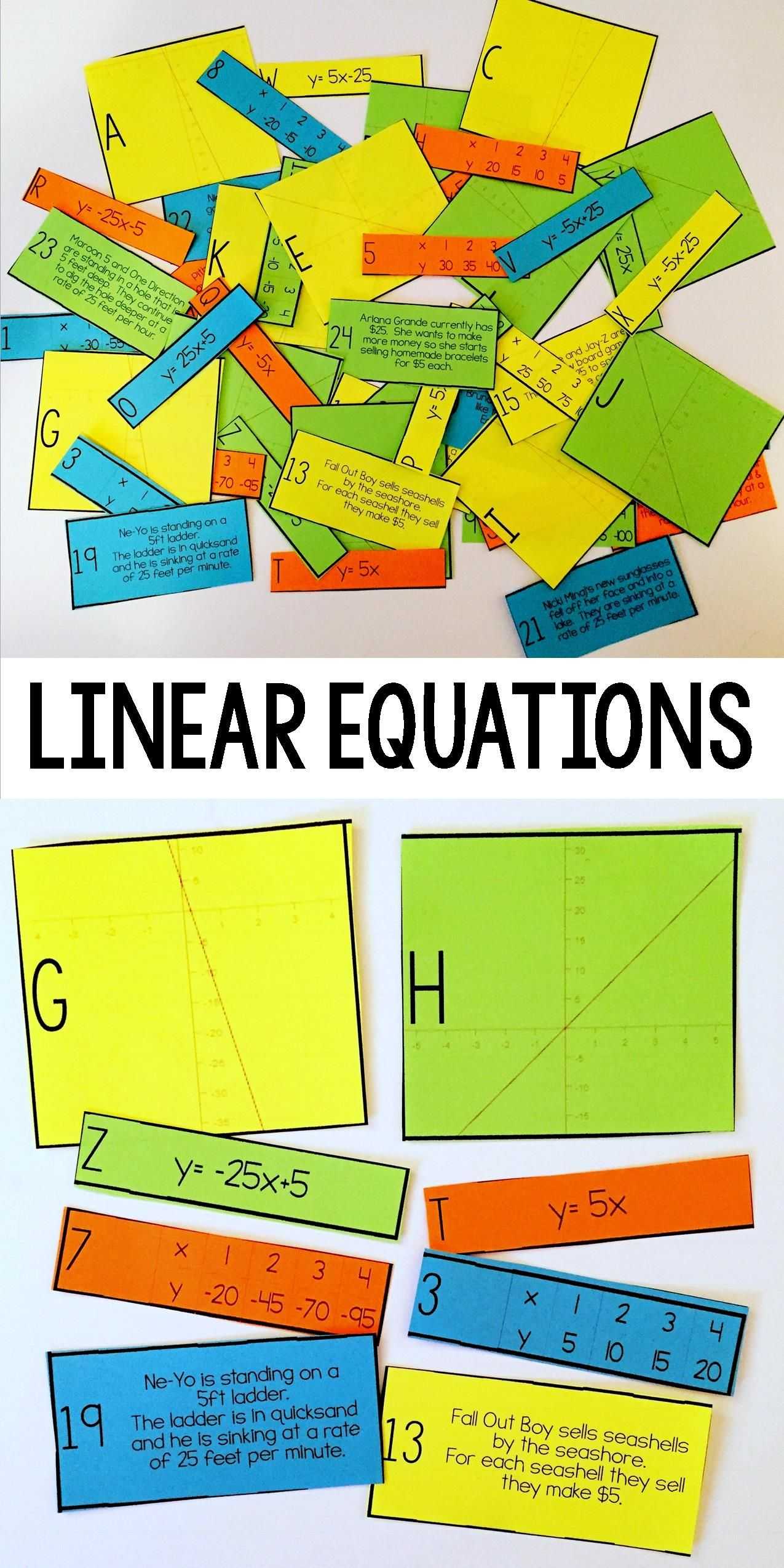 Solving Equations with Variables On Both Sides Worksheet Answers and Linear Equation Card Match Slope Intercept form Pinterest