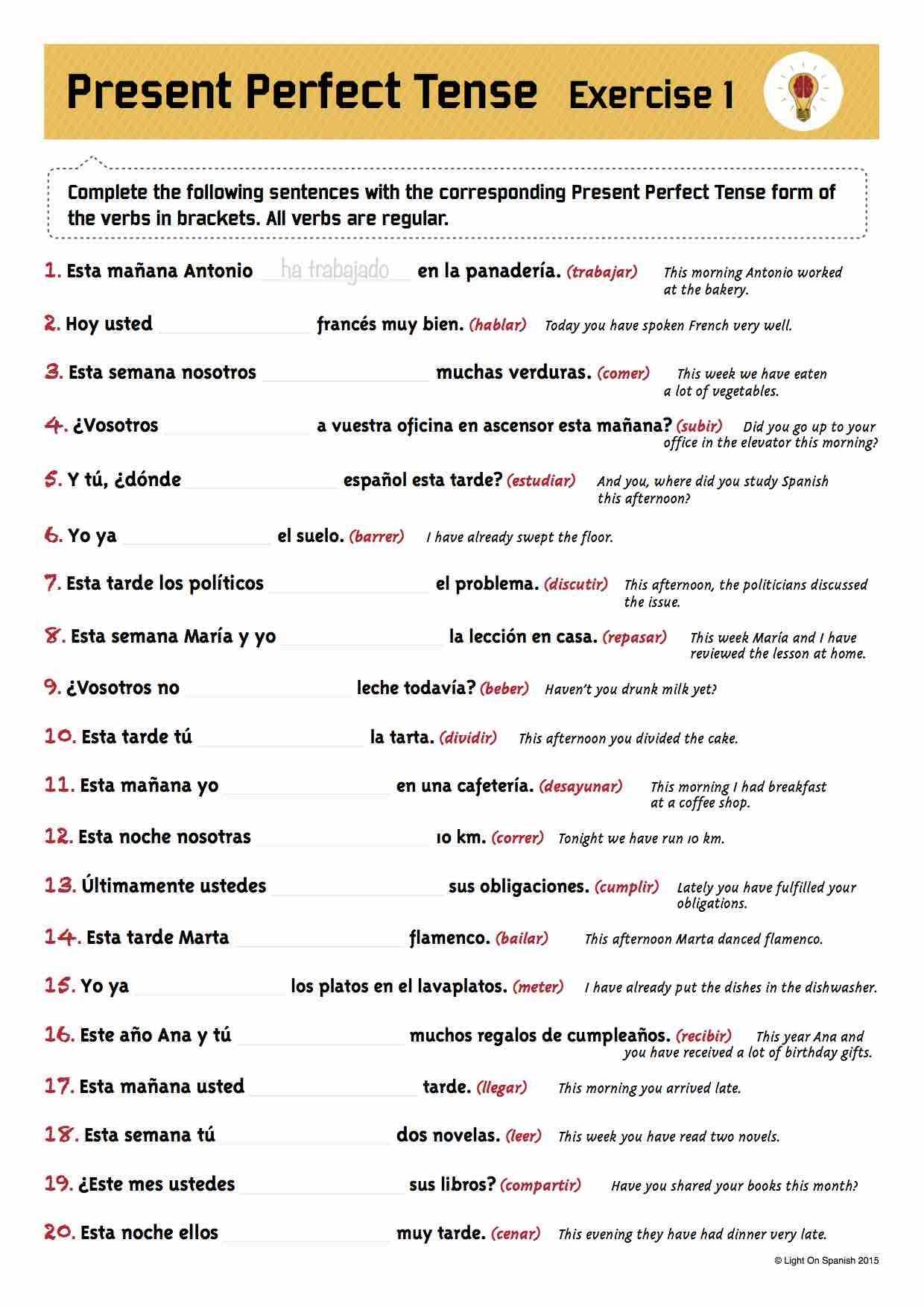 Spanish Verb Conjugation Practice Worksheets and Spanish Present Perfect Tense Regular Verbs Quizzes