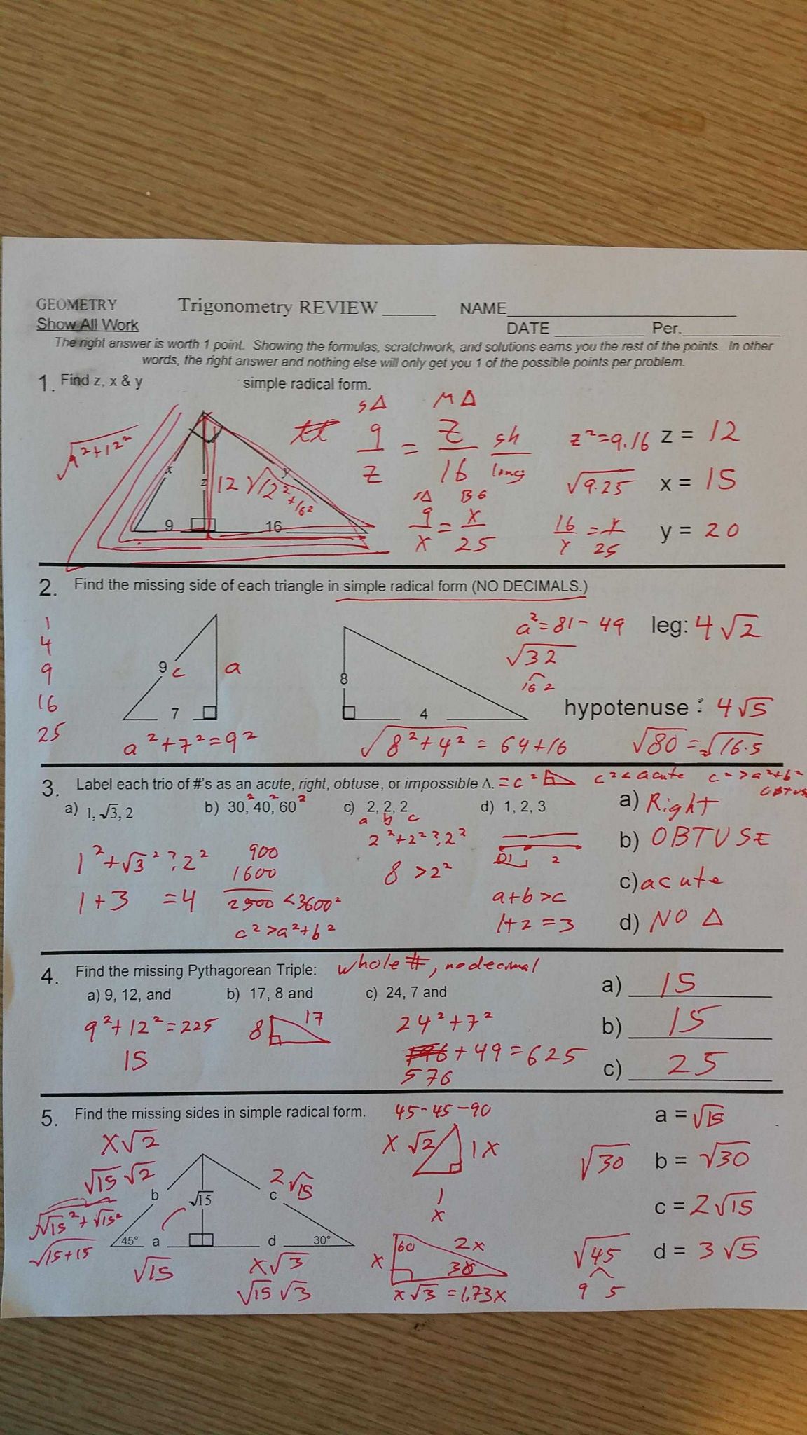 Special Right Triangles Worksheet Answer Key with Work with Gebhard Curt G S