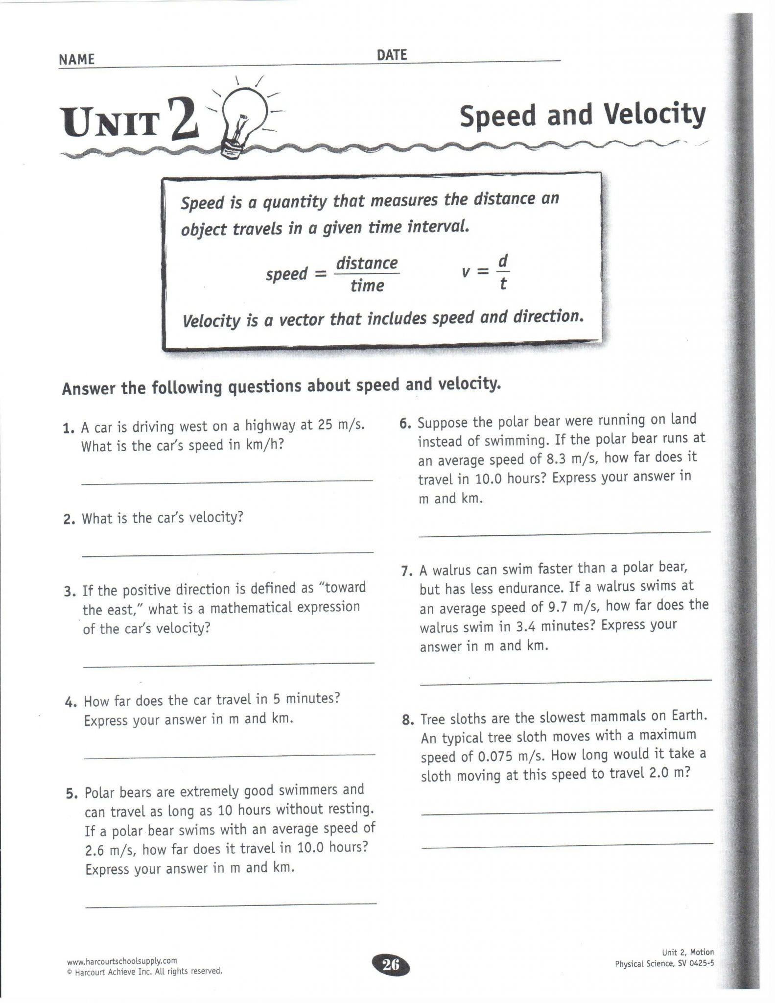 Speed and Velocity Worksheet Also Acceleration Problems Worksheet Answer Key New Middle School