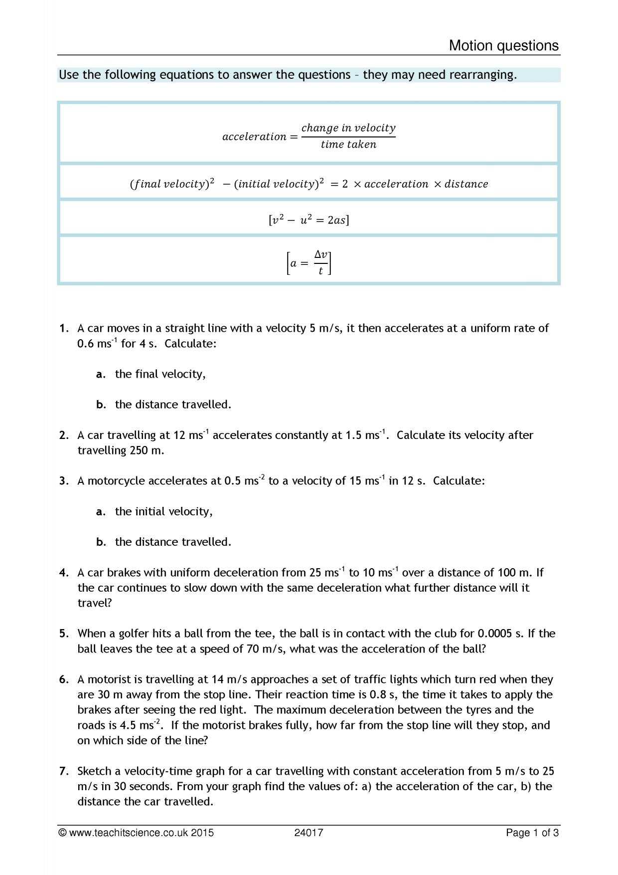 Speed and Velocity Worksheet Answer Key and Velocity and Acceleration Calculation Worksheet Answer Key
